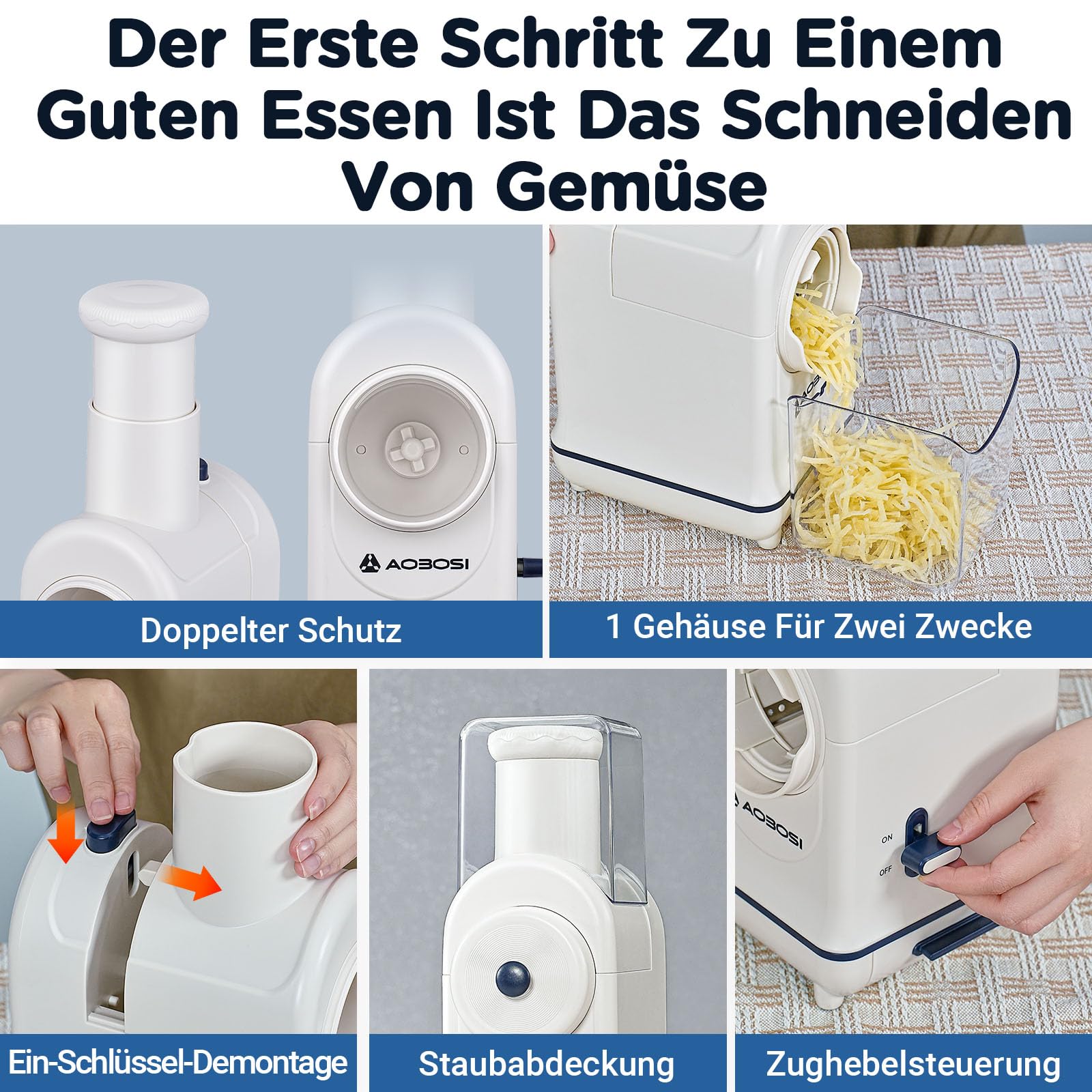 Gemüseschneider Elektrisch, AAOBOSI Elektrischer Gemüseschneider mit Aufbewahrungsbox, großem Einfüllschacht zum ganzer Karotten, Kartoffeln, 3 Einsätze und leisem Motor-Upgrade