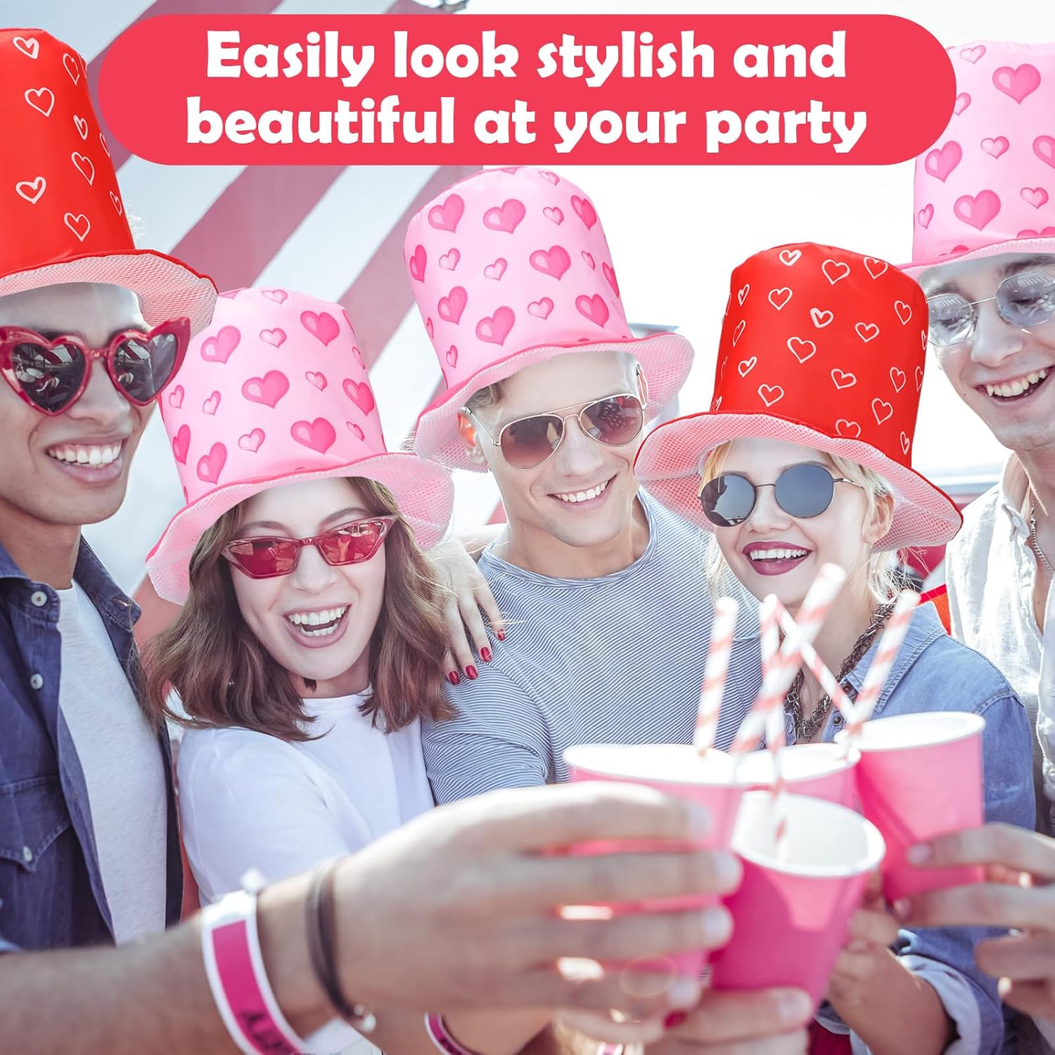 Shyyween 6 Pieces Valentines Top Hats Pink Red Valentine Party Heart Top Hat Costume Accessories for Adult Cosplay Performance Galentines Party Supplies