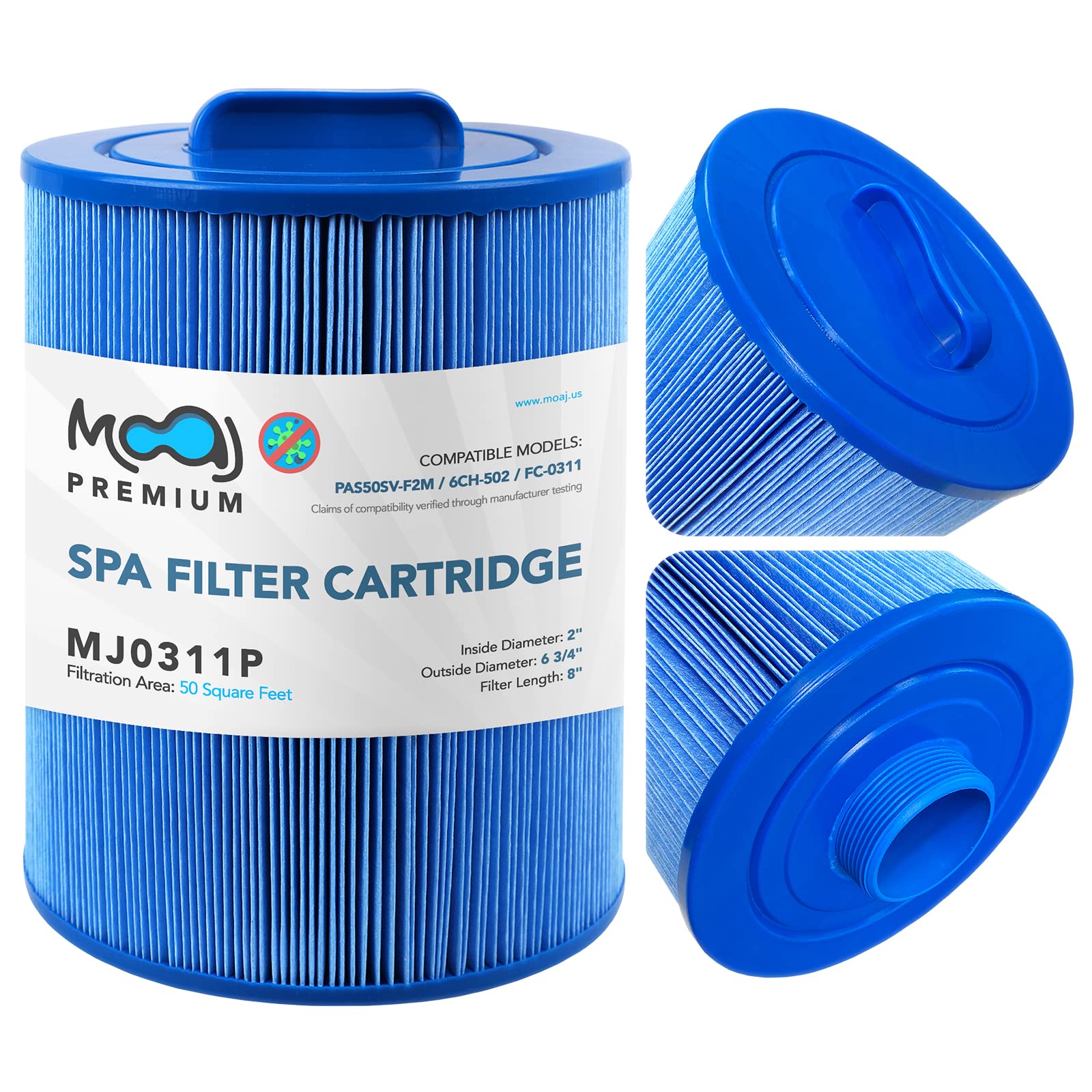 MOAJPremium Filter Cartridge Replaces Pleatco PAS50SV-F2M, Artesian Spas 06-0006, Unicel 6CH-502, Filbur FC-0311, PAS502SV, PAS502SV-M, PAS50, M60506, XLS-604, Asepsis-Infused Replacement Spa Filters