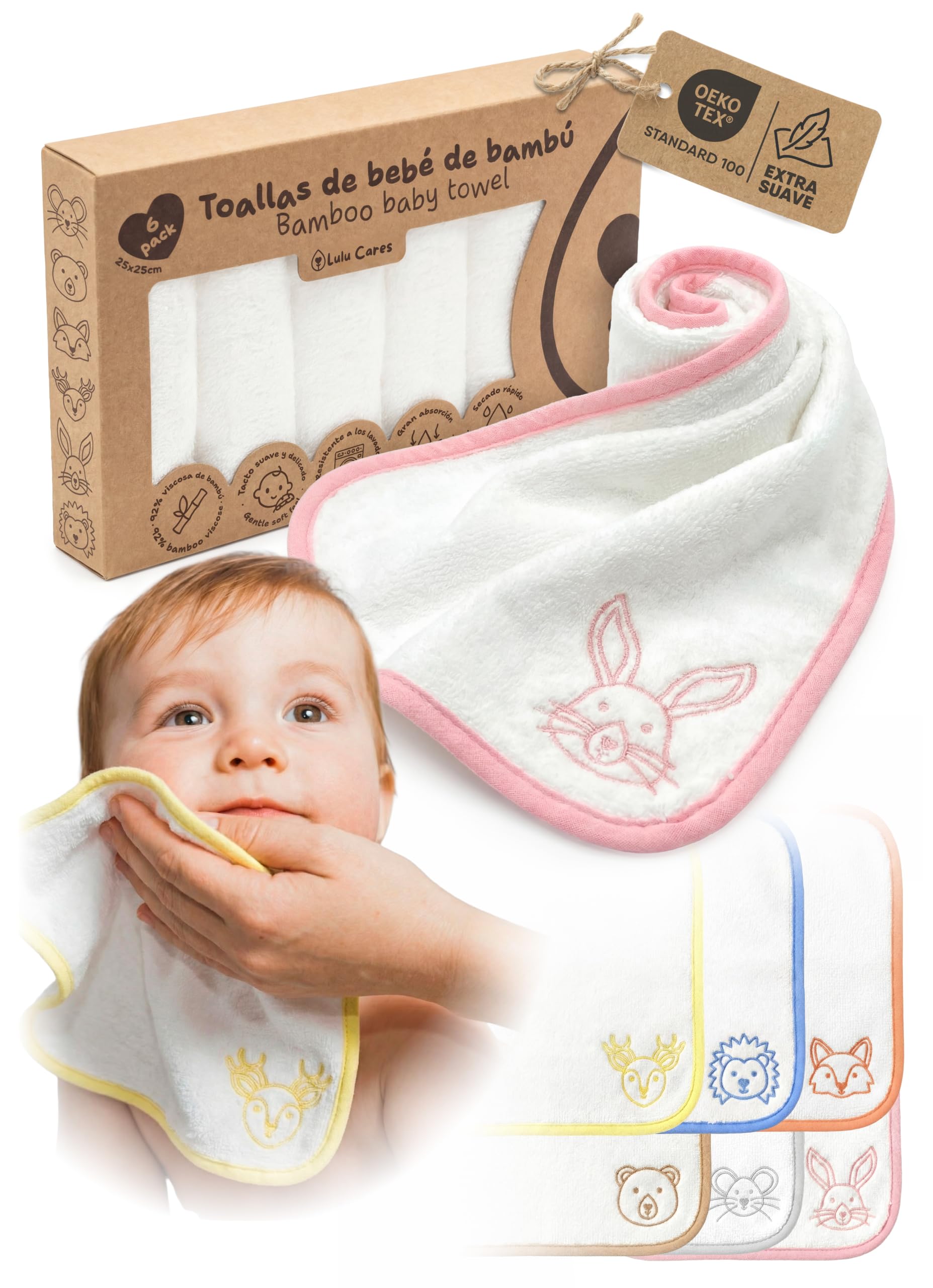 Bade-Set Baby Bambus: 6er-Pack Gesichtshandtücher 25x25cm + Kapuzenhandtuch Blau Hündchen 89x89cm Neugeborenes Hypoallergen Antibakteriell Originelles Geschenk Baby Shower