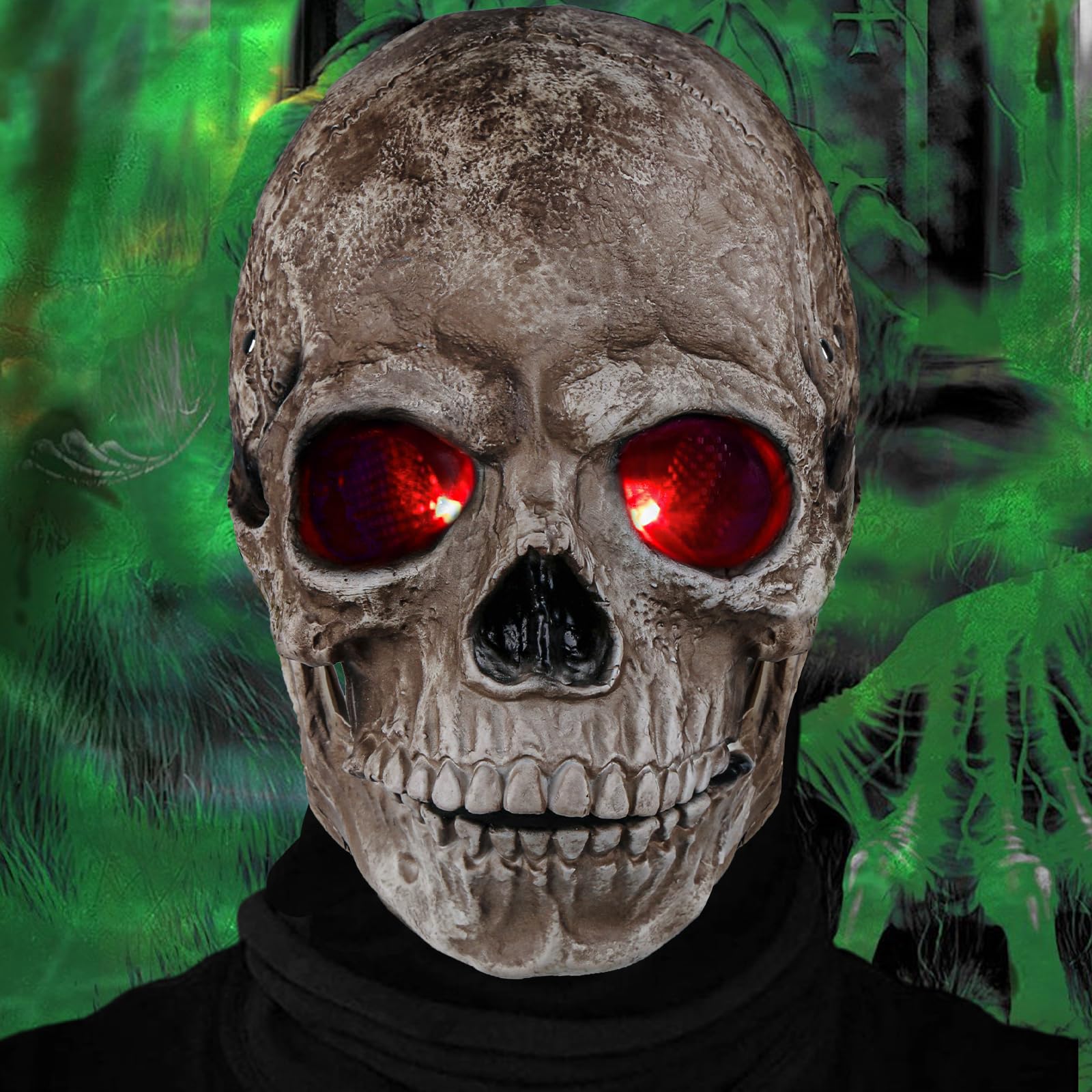 Awroutdoor Halloween Skull Mask, Movable Jaw & Eyes with Red Lights, Latex Full Head Mask for Adults, Unisex, One Size