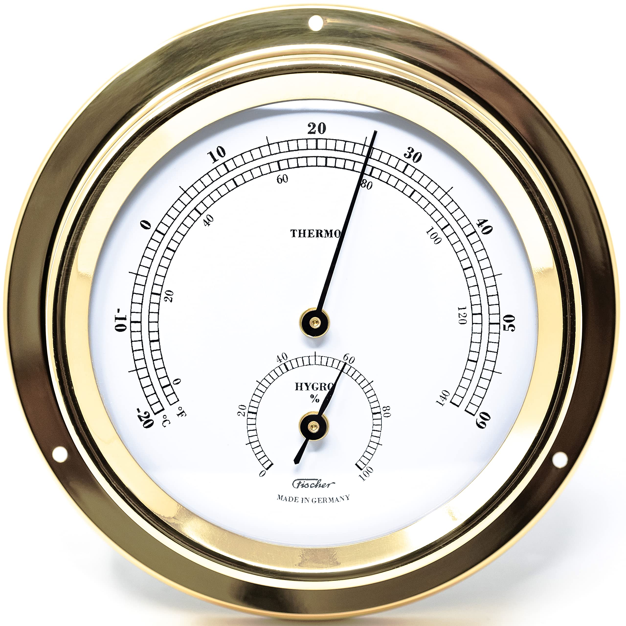 Fischer Thermo-Hygrometer, latón, 125 x 100 mm | Higrómetro y termómetro con carcasa de latón, 125 mm de diámetro, fabricado en Alemania