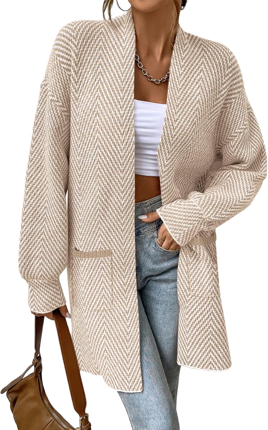 Sidefeel Womens 2025 Fall Outfits Long Sleeve Open Front Striped Cardigan Sweaters Chevron Chunky Knit Sweaters Coat