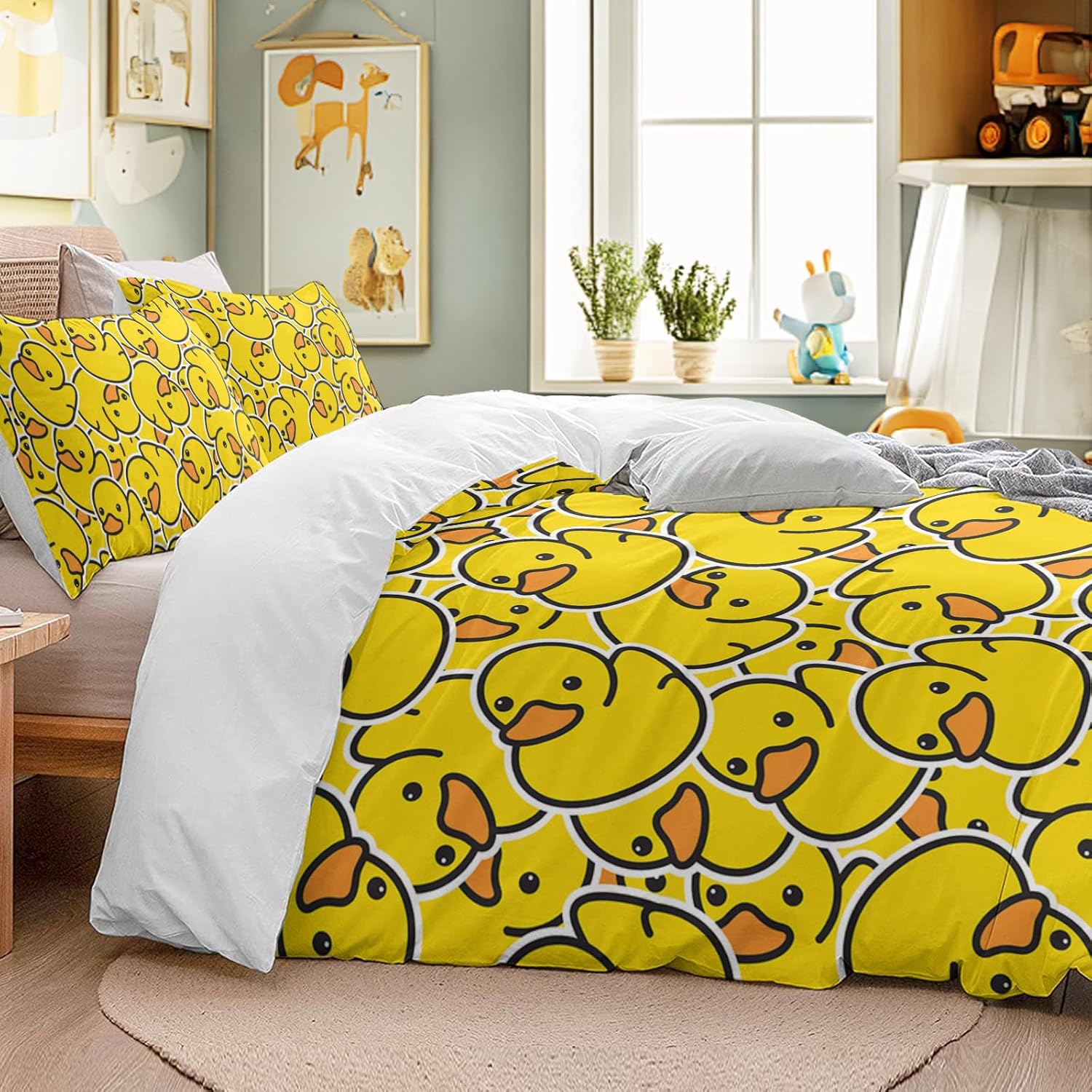 Yellow Duvet Cover Sets for Kids: Yellow Rubber Duck Pattern Bedding Sets- 3 Pieces Cute Comforter Cover Set- Super Soft Rubber Duck Bedspread for Girls Boys Teens Adults (Queen)