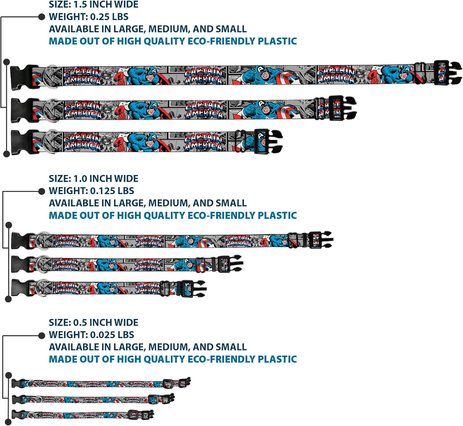 Dog Collar Plastic Clip Captain America 2 Poses Comic Blocks Grays Red White Blue 13 to 18 Inches 1.5 Inch Wide
