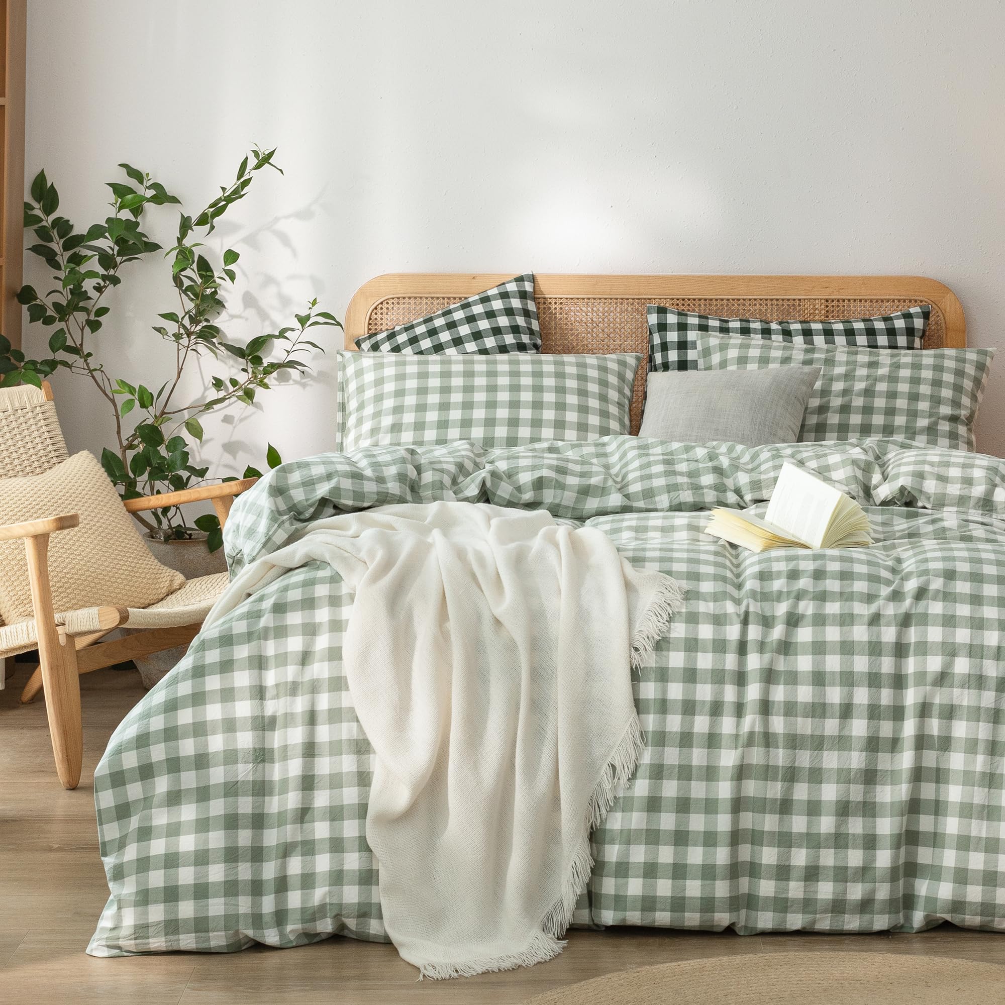 BESTOUCH Gingham Cotton Duvet Cover Set Sage Green Super King