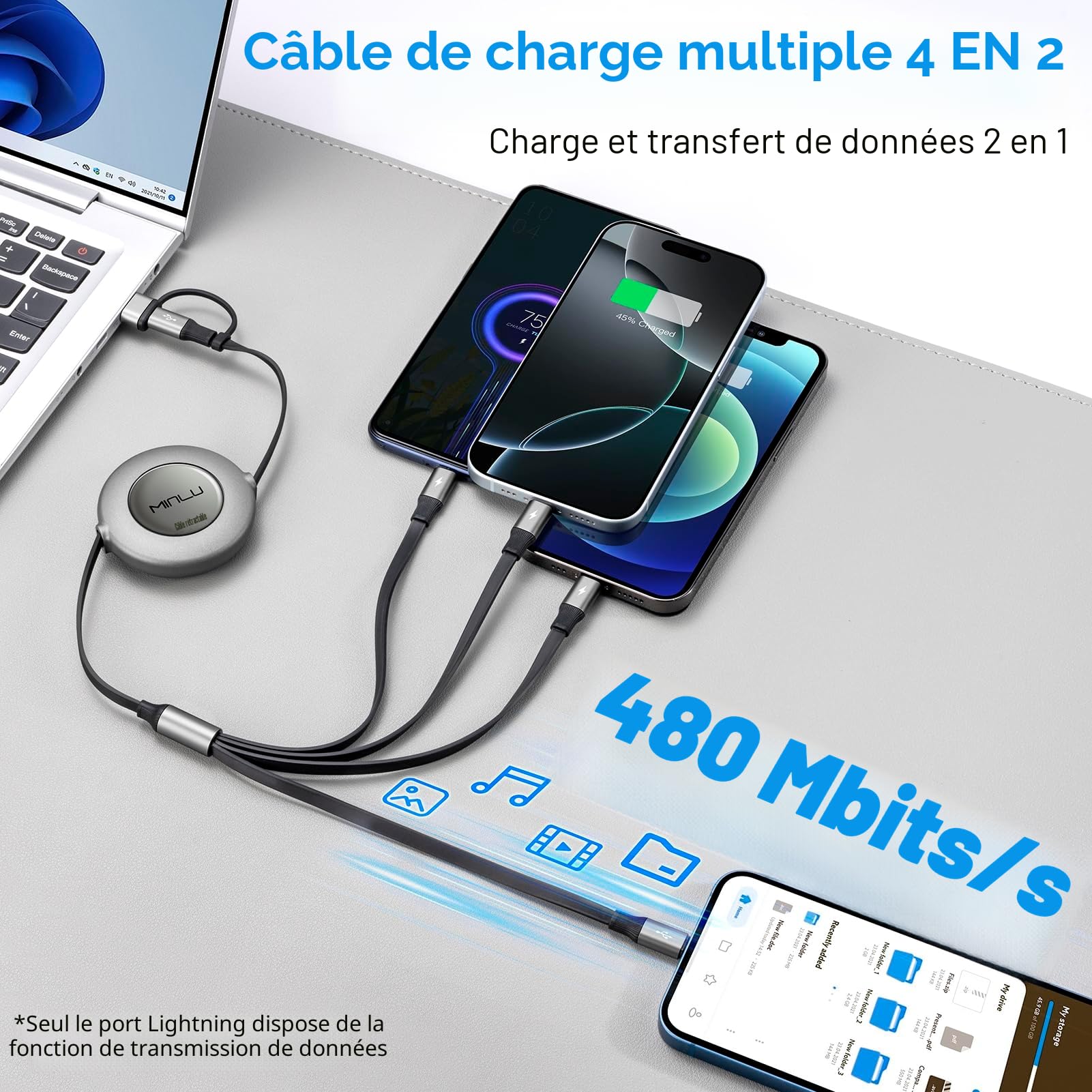 Minlu Câble de Charge 6 en 1, 1,2m Rétractable Cable Chargeur Multi Embout, Câble de Charge Rapide USB C avec Lightning Transfert de Données, Câble Multi USB pour iPhone,Android,Galaxy,Tablet