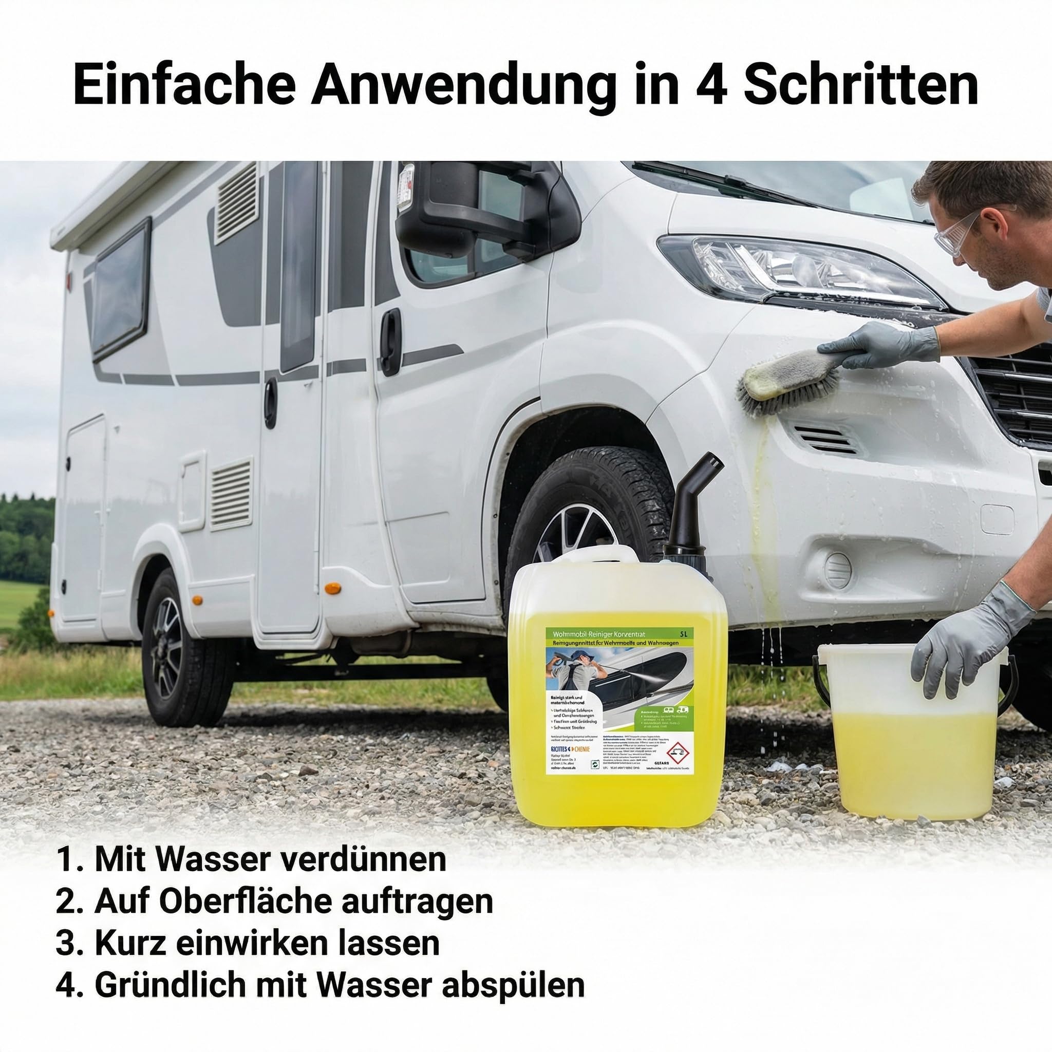 Richter Chemie Wohnwagenreiniger außen, Caravanreiniger & Wohnmobilreiniger Konzentrat, 5L Kanister, verdünnbar (bis 50 L Lösung), starke Reinigung, materialschonend, Entfernt Schwarze Streifen