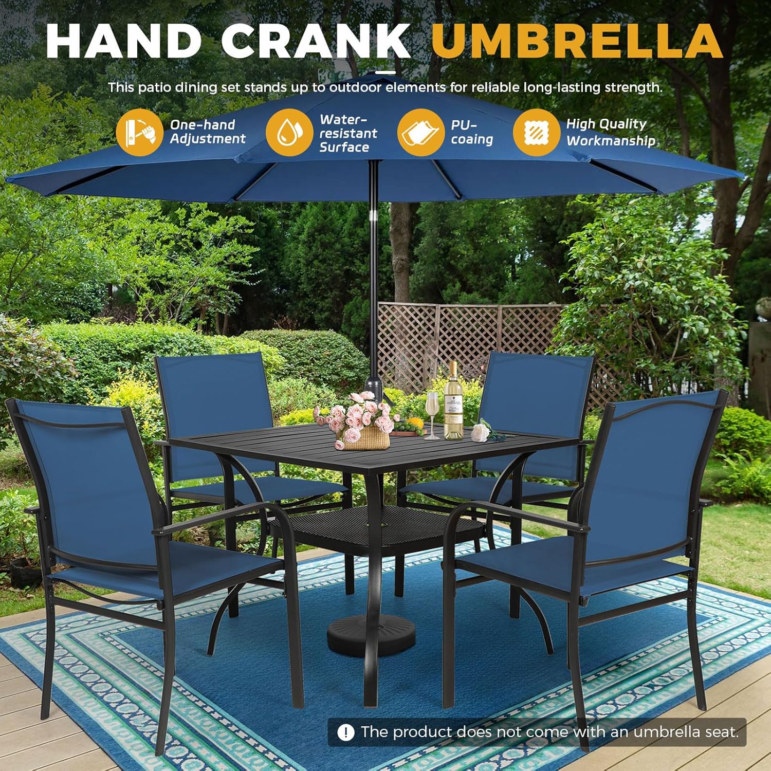 5-Piece Patio Dining Set with Umbrella,4 Person Outdoor Table and Chairs Set, 4 Metal Dining Chairs and Square Outdoor Table with 1.57" Umbrella Hole,Blue