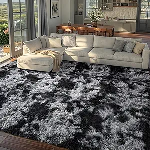 Area Rugs for Living Room 9x12 Black Grey Fluffy Rug,Super Fuzzy Fur Bedroom Carpet for Boys Dorm Office Nursery Modern Home Decor