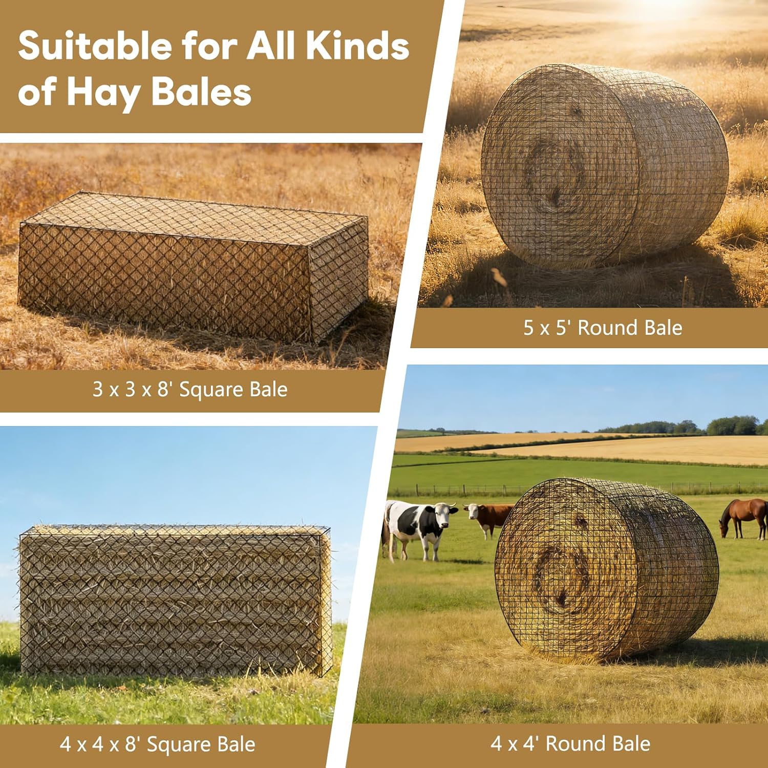 5×5 FT Round Bale Hay Net for Horses & Goats, Heavy Duty Knotless Slow Feed Hay Nets, 1.75" Mesh, Weather Resistant Round Bale Net with Repair Kit for Pasture and Barn