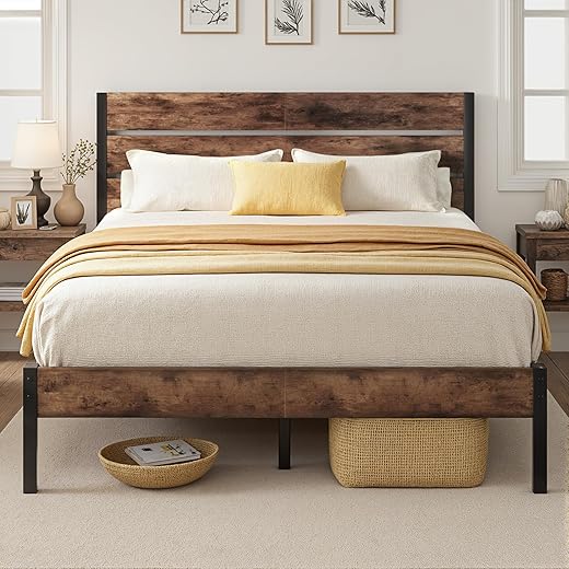 Rustic Queen Metal Bed Frame with Storage