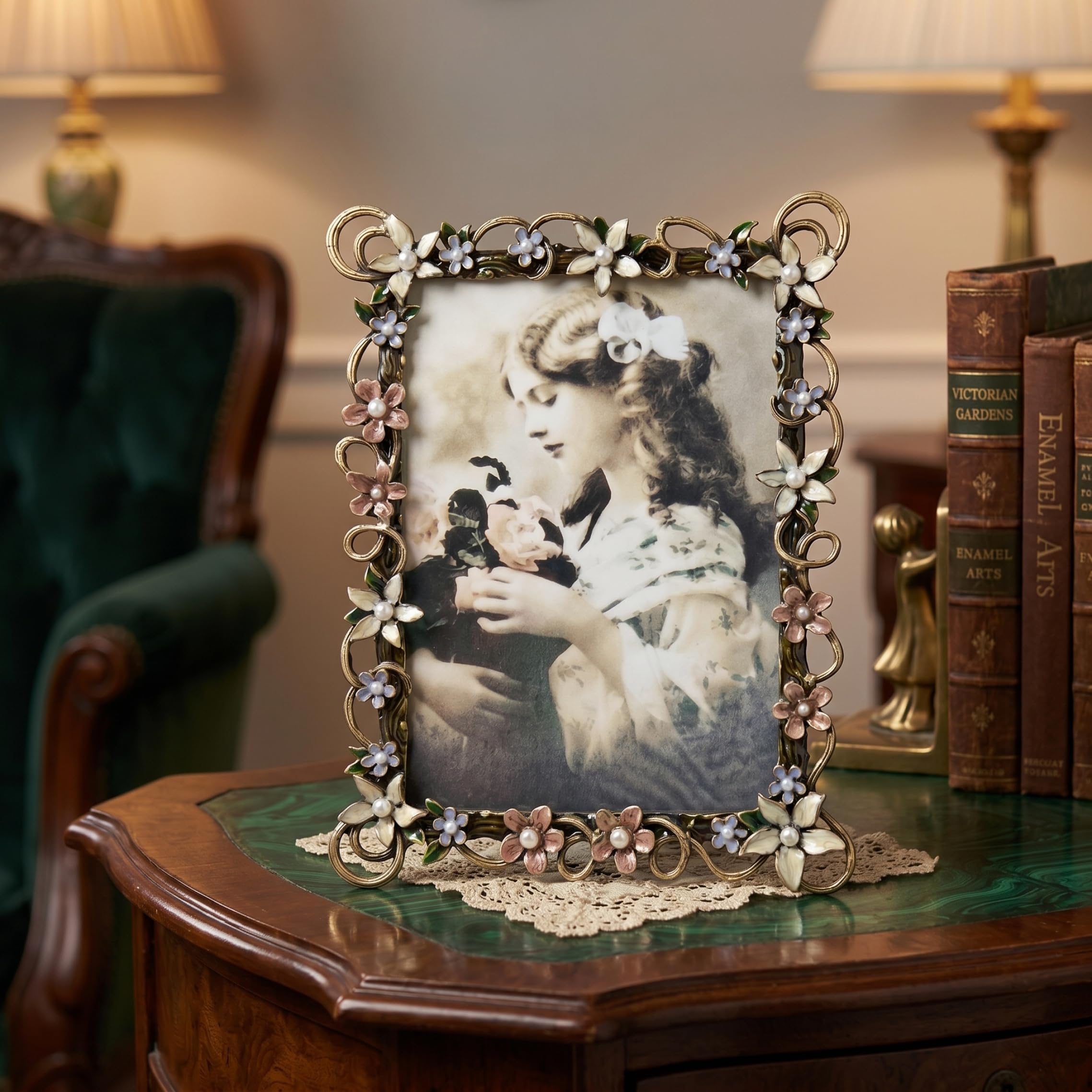 Floral Picture Frames, Enamel Decorative Picture Frames Vintage Ornate Metal Flower Frame for Home & Office Tabletop Display, 7X5 Inch, Floral, Garden Décor