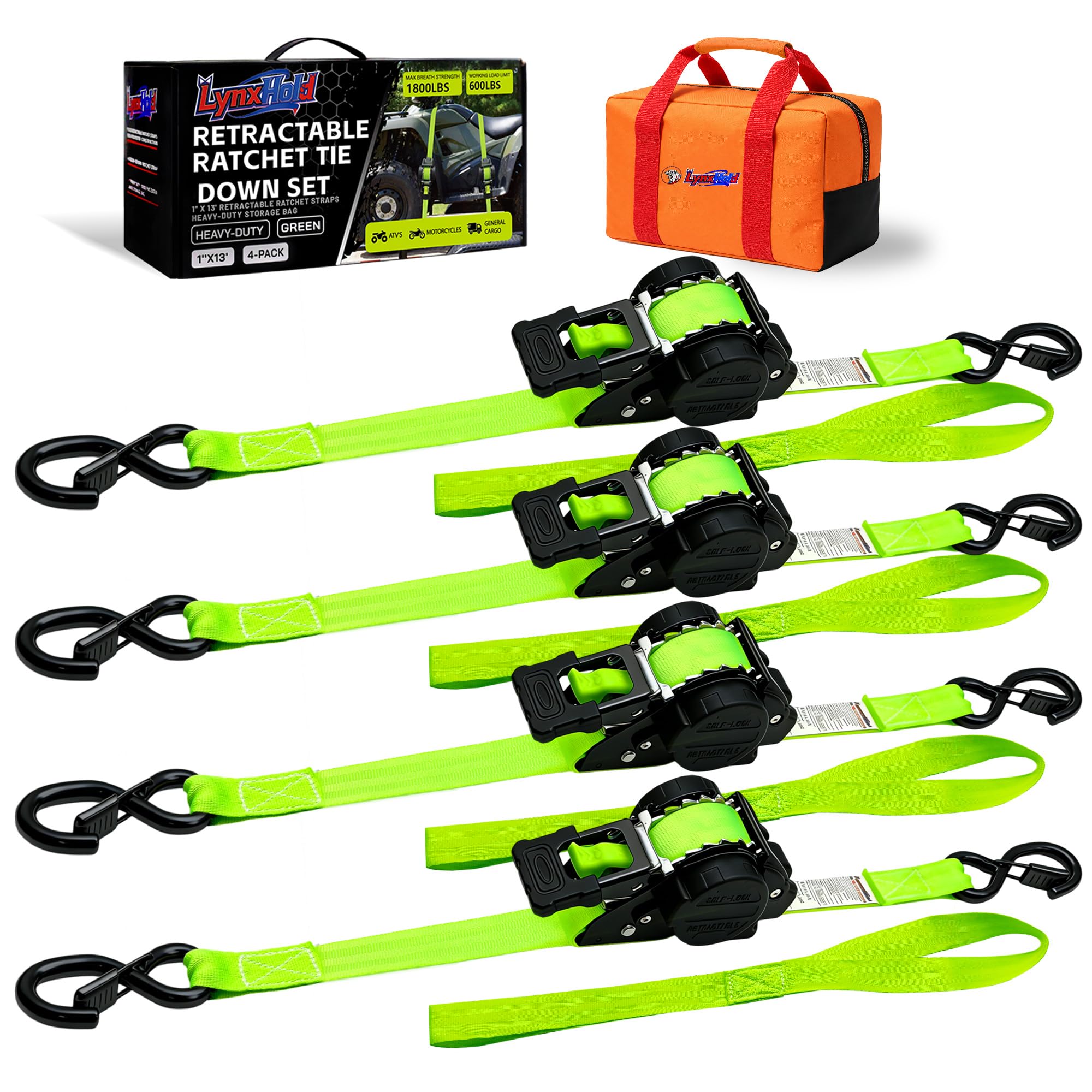 Retractable Ratchet Straps - 13ft, 1" Wide, 1800 Lbs -1 Retractable Ratchet Straps - 13ft, 1" Wide, 1800 Lbs -1