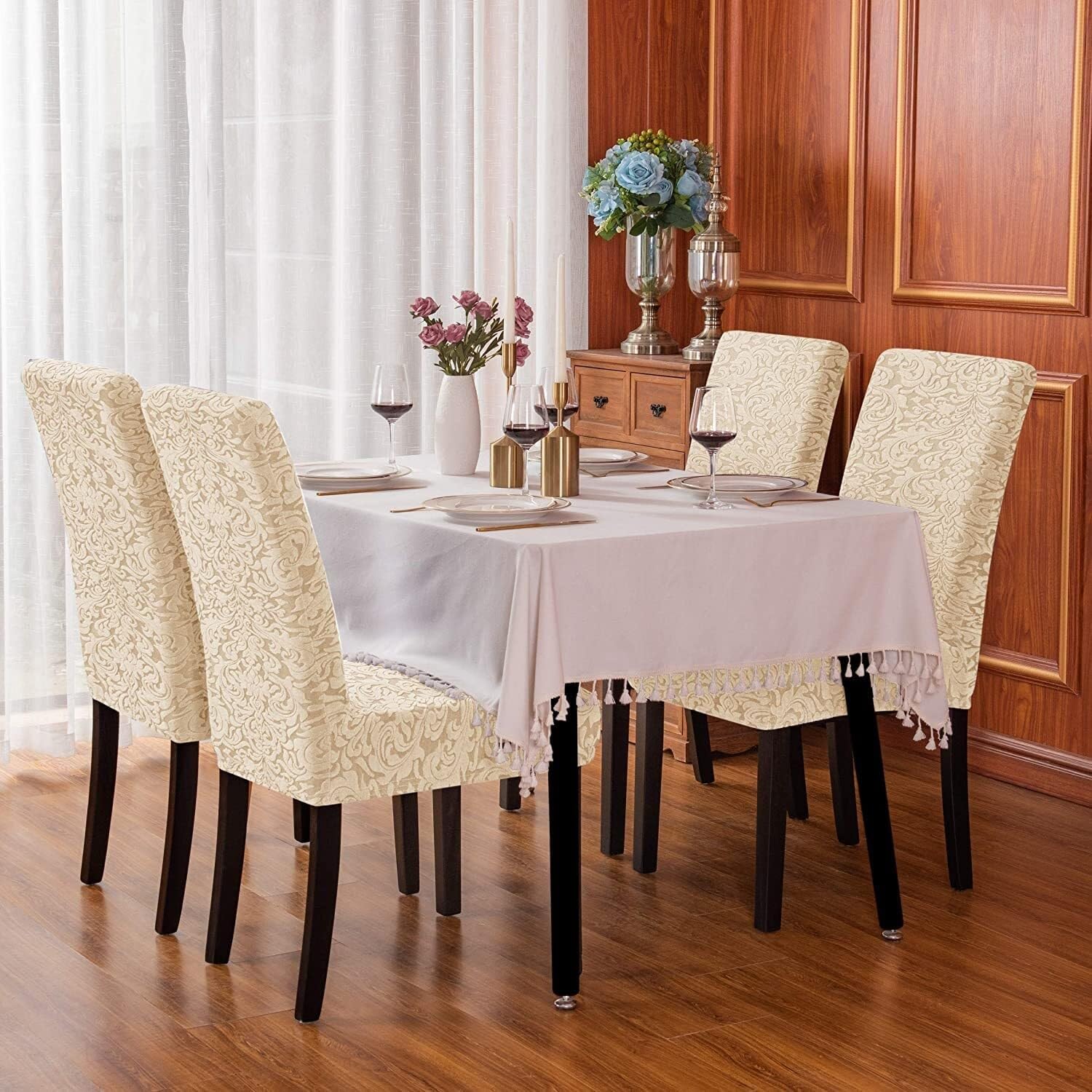 Fodere per Sedie da Pranzo Coprisedie per Sedia Lavabile Damascata Jacquard Mobili Elasticizzati Protezione Rimovibile per Sedia con Schienale Alto per Cucina(Kaki Chiaro,Set of 6)