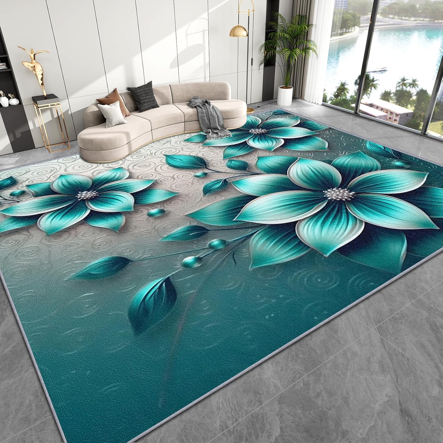 Teal Rug 4x6-6x8 Rug, Teal Floral Living Room Rugs, Flower Bedroom Rugs, Modern Abstract Carpet, Floral Home Decor & Gifts