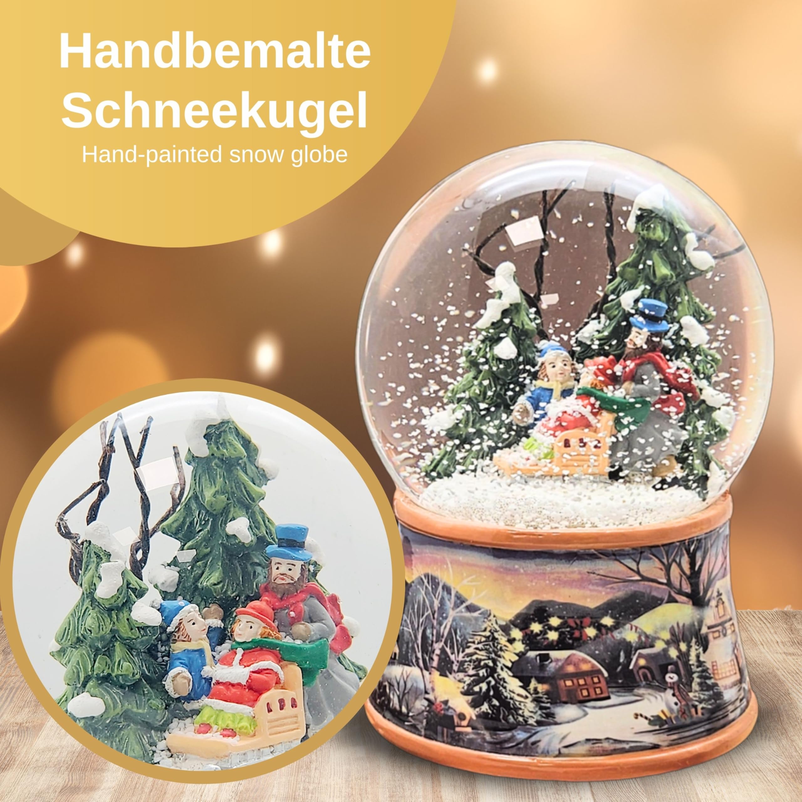 Boule à neige de Noël avec musique - Promenade d'hiver en famille et traîneau - Socle paysage d'hiver ocre - Hauteur : 14 cm - Largeur : 10 cm - Boule à secouer Noël et hiver avec boîte à musique