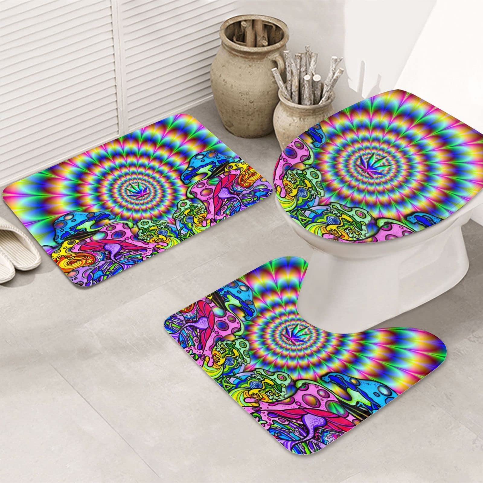 BAFAFA Lot de 3 tapis de bain motif mandala abstrait, champignon coloré, tapis de salle de bain super doux, antidérapant, tapis de toilette avec tapis en forme de U pour salle de bain, baignoire,