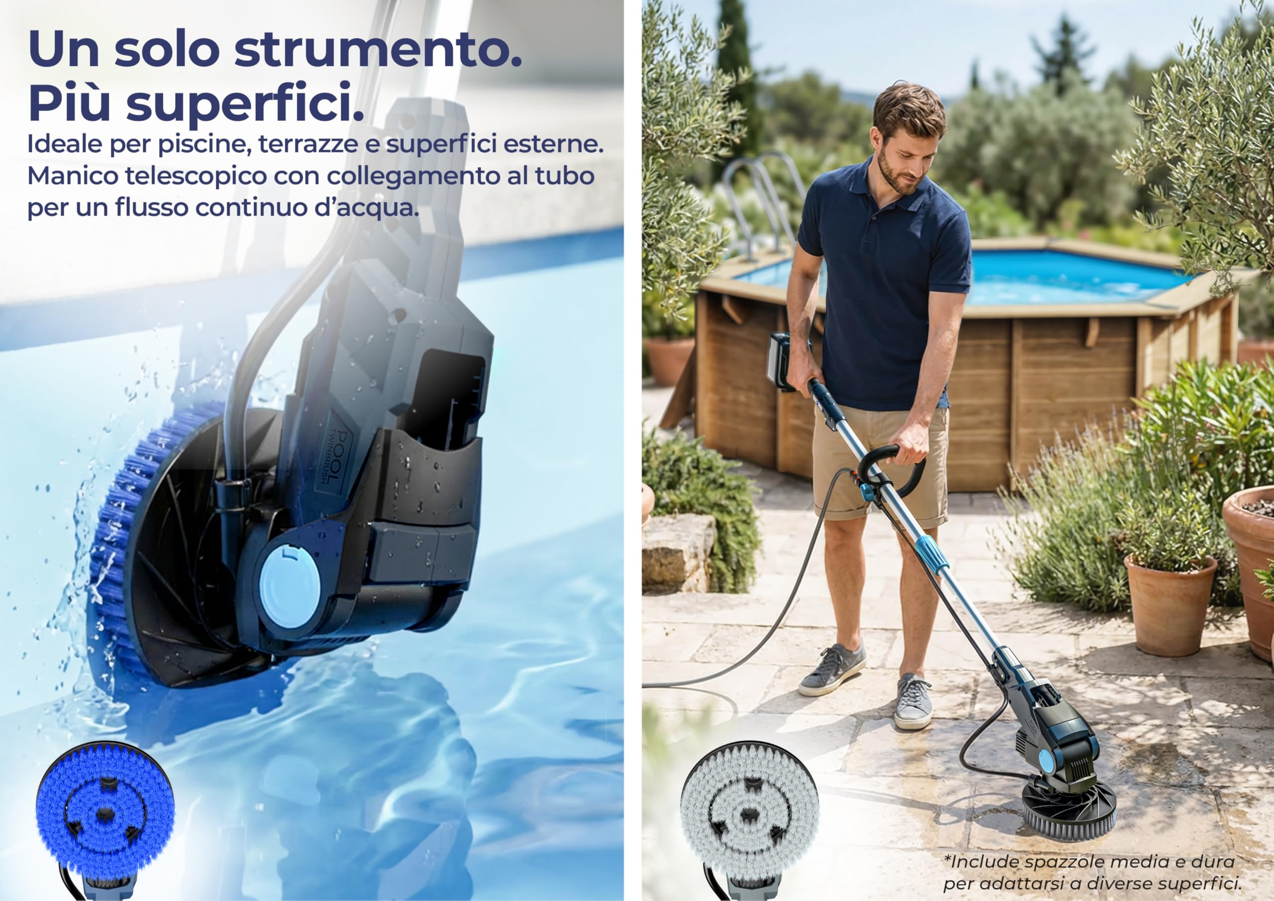 Gre Twin Brush Pulitore a Batteria, 2 Spazzole per Fondo e Terrazza | Pulizia Piscine, Terrazze e Pavimenti Esterni, Impermeabile IPX7, Manico Telescopico, Include Batteria e Caricatore