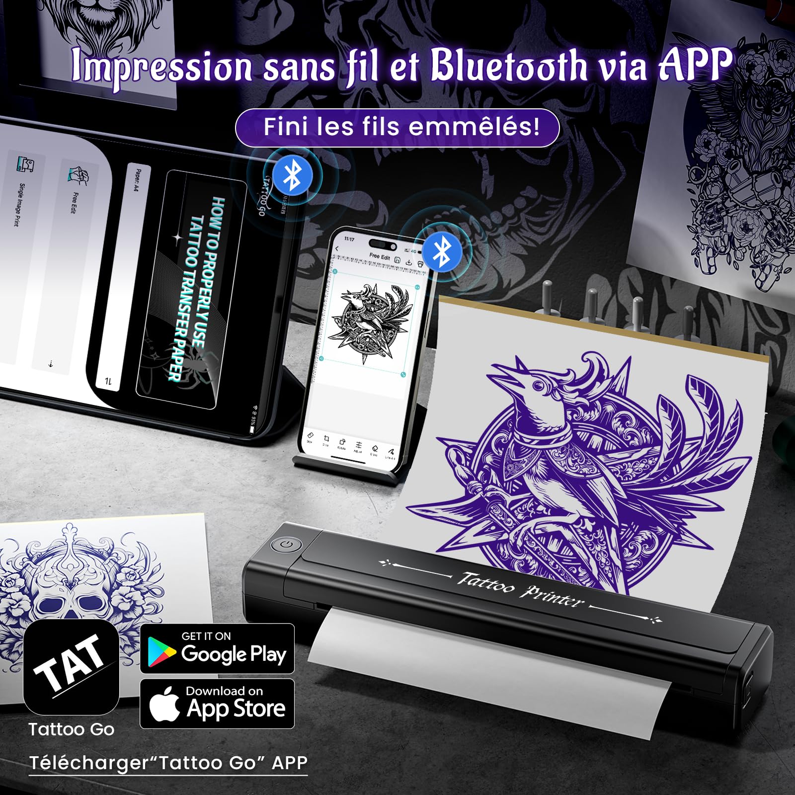 Yowell H1 Thermocopieur Tatouage Bluetooth, Imprimante Tatouage, Imprimante Tatouage Transfert avec 10 Feuilles de Papier, Imprimante Stencil Tatouage pour Tatoueurs et Débutants, Noir