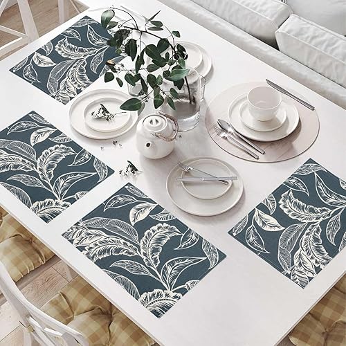 Miniatura 7 de Juego de 6 manteles individuales lavables de lino con hojas azules, resistentes al calor, resistentes a las manchas, de doble capa, absorbentes,