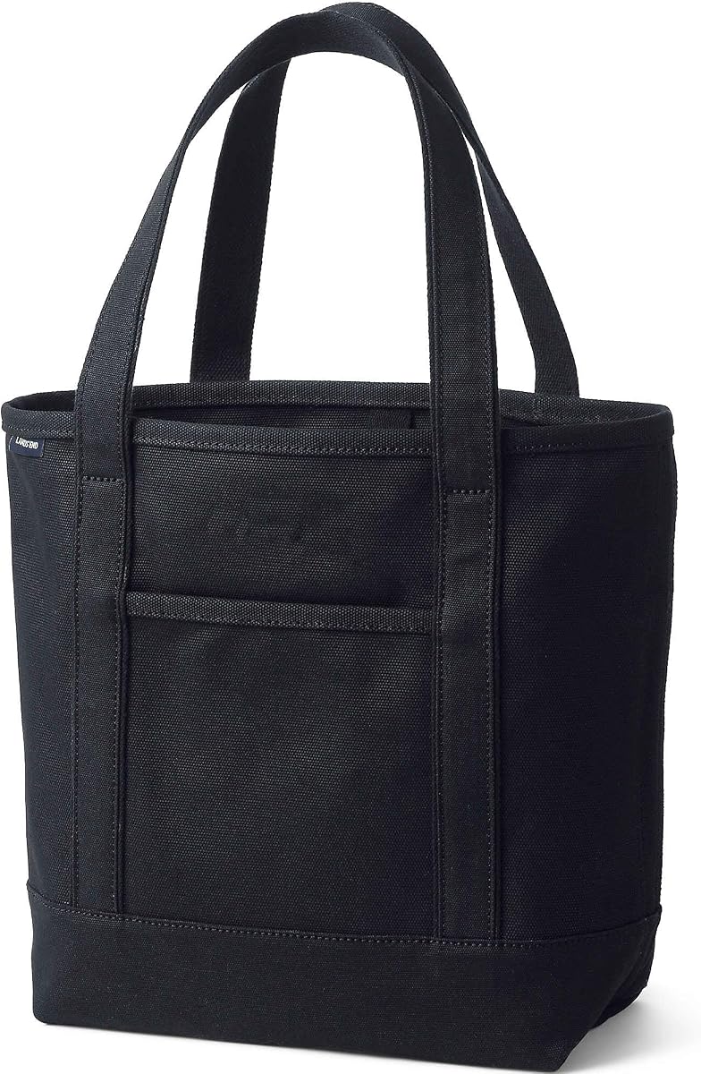 Bolso Tote De Lona Con Parte Superior Abierta Y Asa Mediana Regular Negro | Lona 100% algodón, cinco bolsillos, correa para llaves, base resistente al agua, se mantiene en posición vertical, bolso de playa, bolso de viaje, bolso de compras