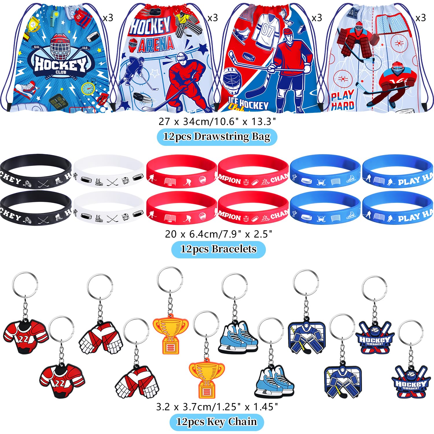 Il set di 36 bomboniere per feste di hockey include 12 sacchetti con coulisse, 12 braccialetti in silicone, 12 portachiavi motivazionali per hockey su ghiaccio, sport, feste, regali di