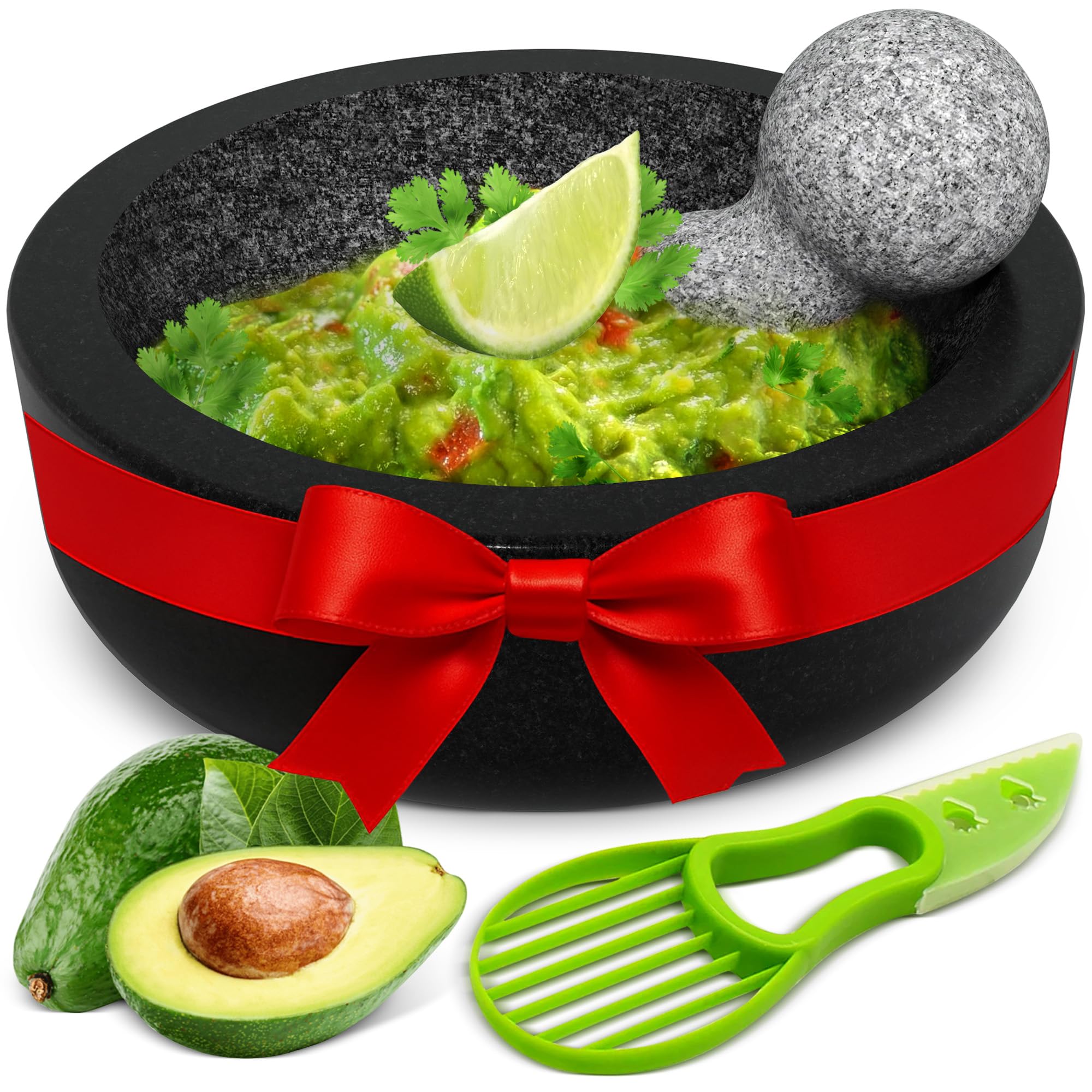 Umien™ Black Granite Mortar and Pestle Set Guacamole Bowl Molcajete 8 Inch - Natural Stone Grinder for Spices, Seasonings, Pastes, Pestos and Guacamole - Extra Bonus Avocado Tool Included