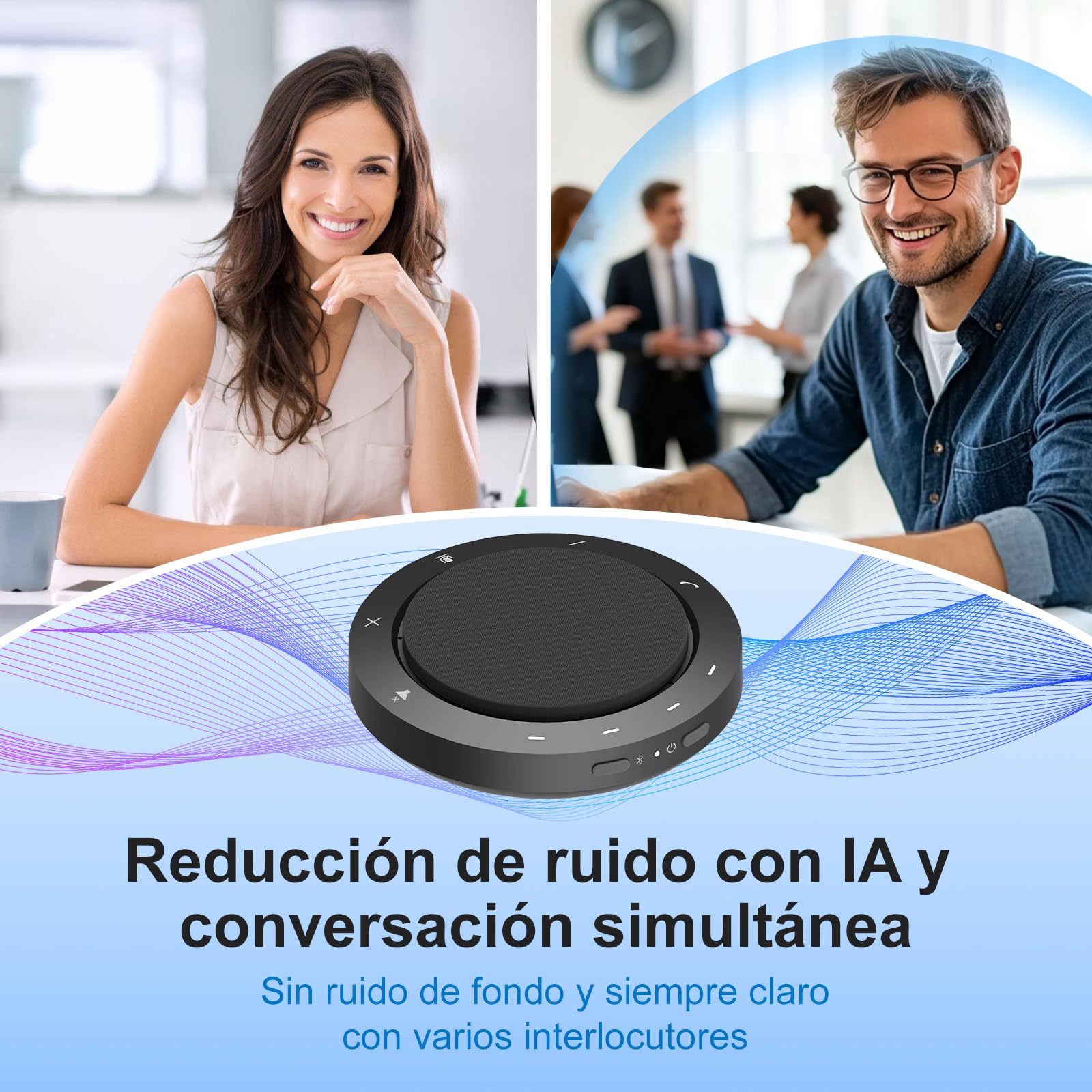 Altavoz de Conferencia con 2 micrófonos con cancelación de Ruido, captación 360°, Sonido Claro, 10–14 h de conversación, Bluetooth y USB-C/A, micrófono PC Compatible con Zoom, Teams, Skype