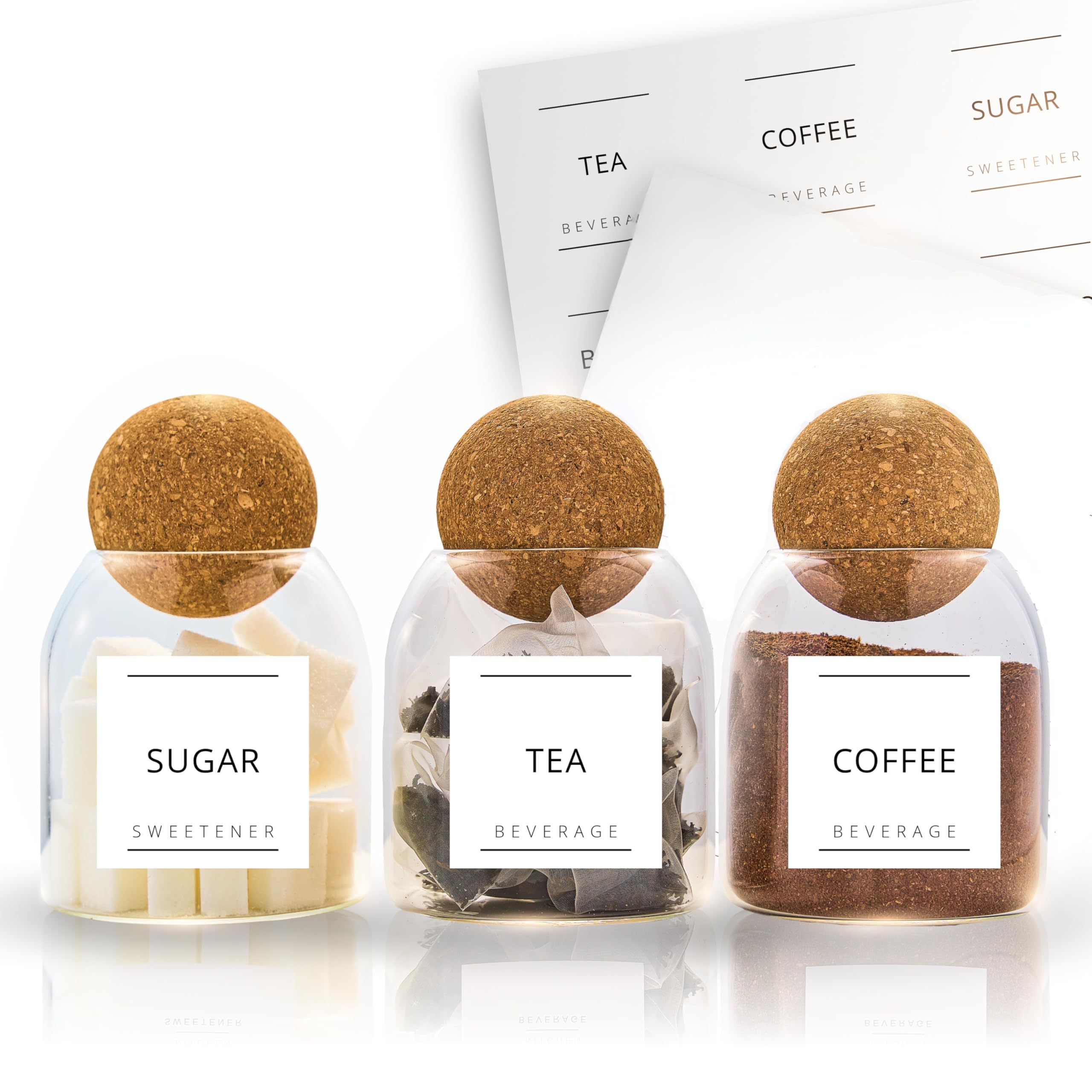 Fix Space Tea Coffee Sugar Canisters – Set of 3 Unique Cork Ball Glass Jars – Stylish Tea and Coffee Jars with Waterproof, Removable Labels – Ideal for Kitchen Organisation (500 ML)