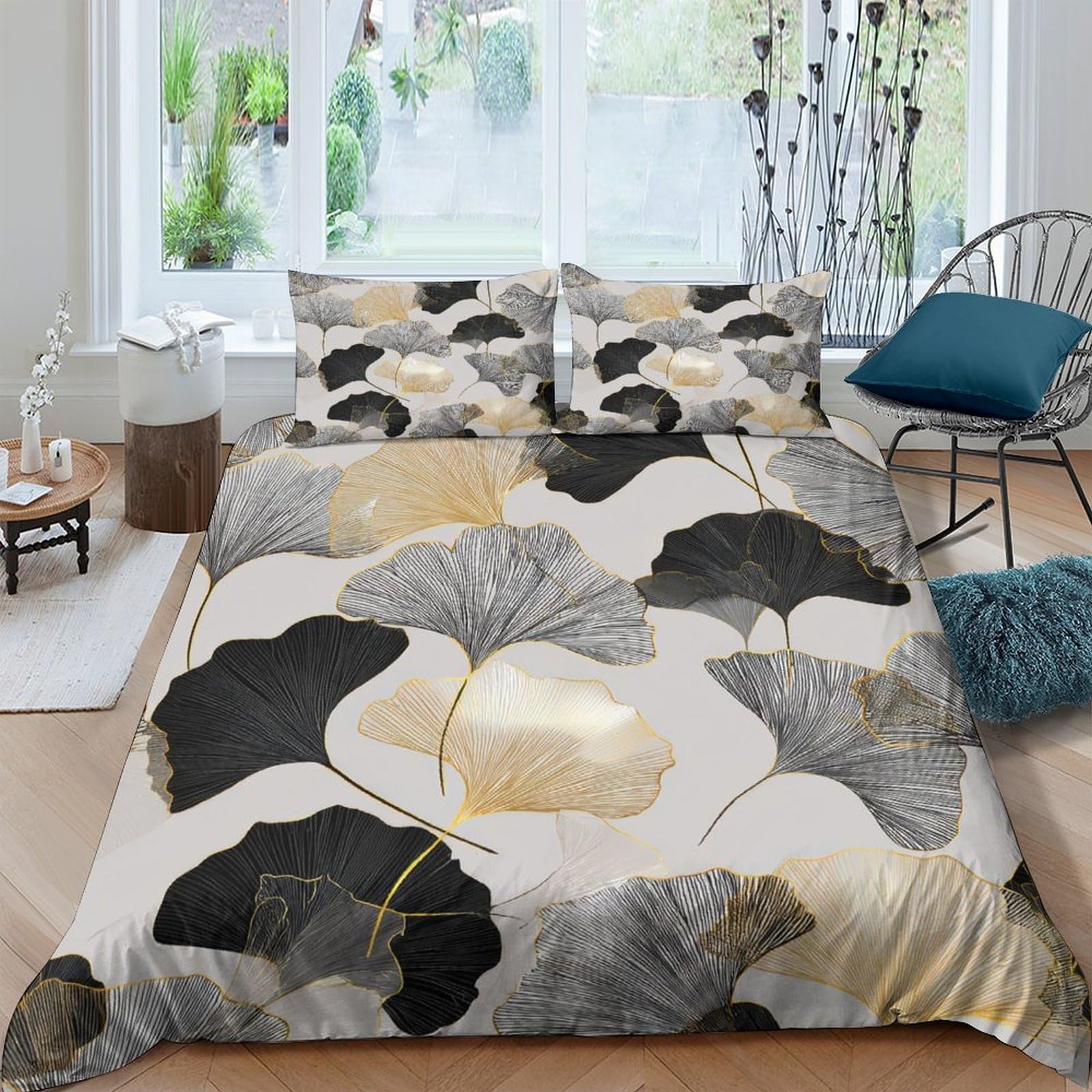 Ctjqhvkz Style-7 3D Printed Gold Black Ginkgo Leaf Fitted Sheet Microfiber Soft Bedroom Decor Abstract Mattress Cover For Home Dorm Single（135X200cm）