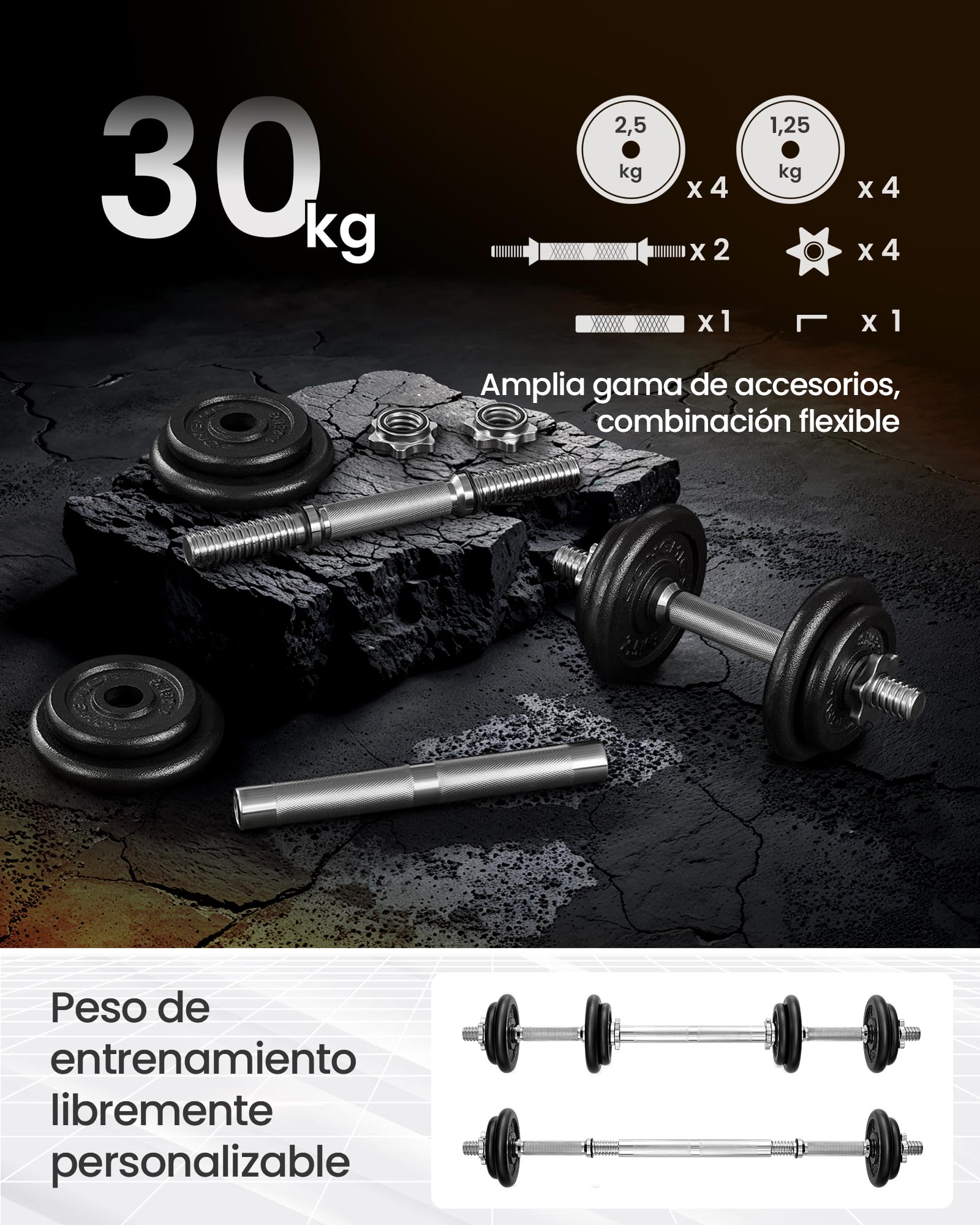 SONGMICS Juego de Mancuernas Ajustables de Hierro Fundido, con Barra Adicional,para Hombres y Mujeres, Entrenamiento de Fitness, Levantamiento de Pesas en el Gimnasio de casa