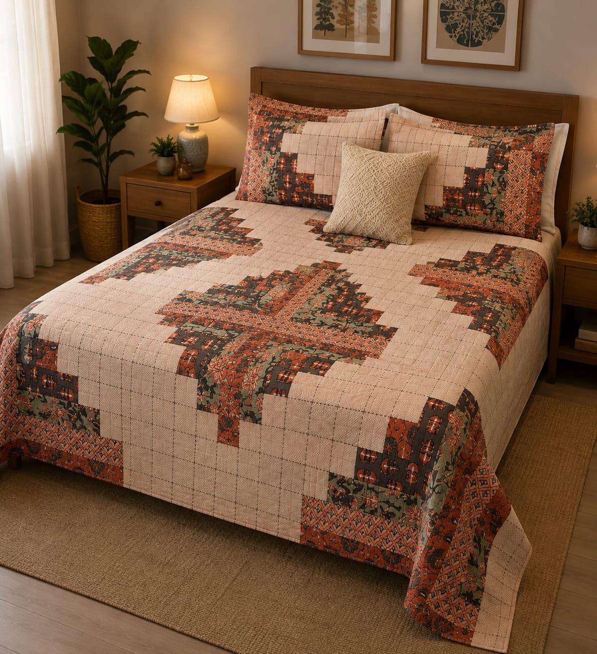Patchwork Quilted Bedspread with 2 Pillow Covers, Double Bed | Floral Block Print, Beige & Rust Tones, Double Bed Size, Includes Pillow Covers, Traditional Design-image-3