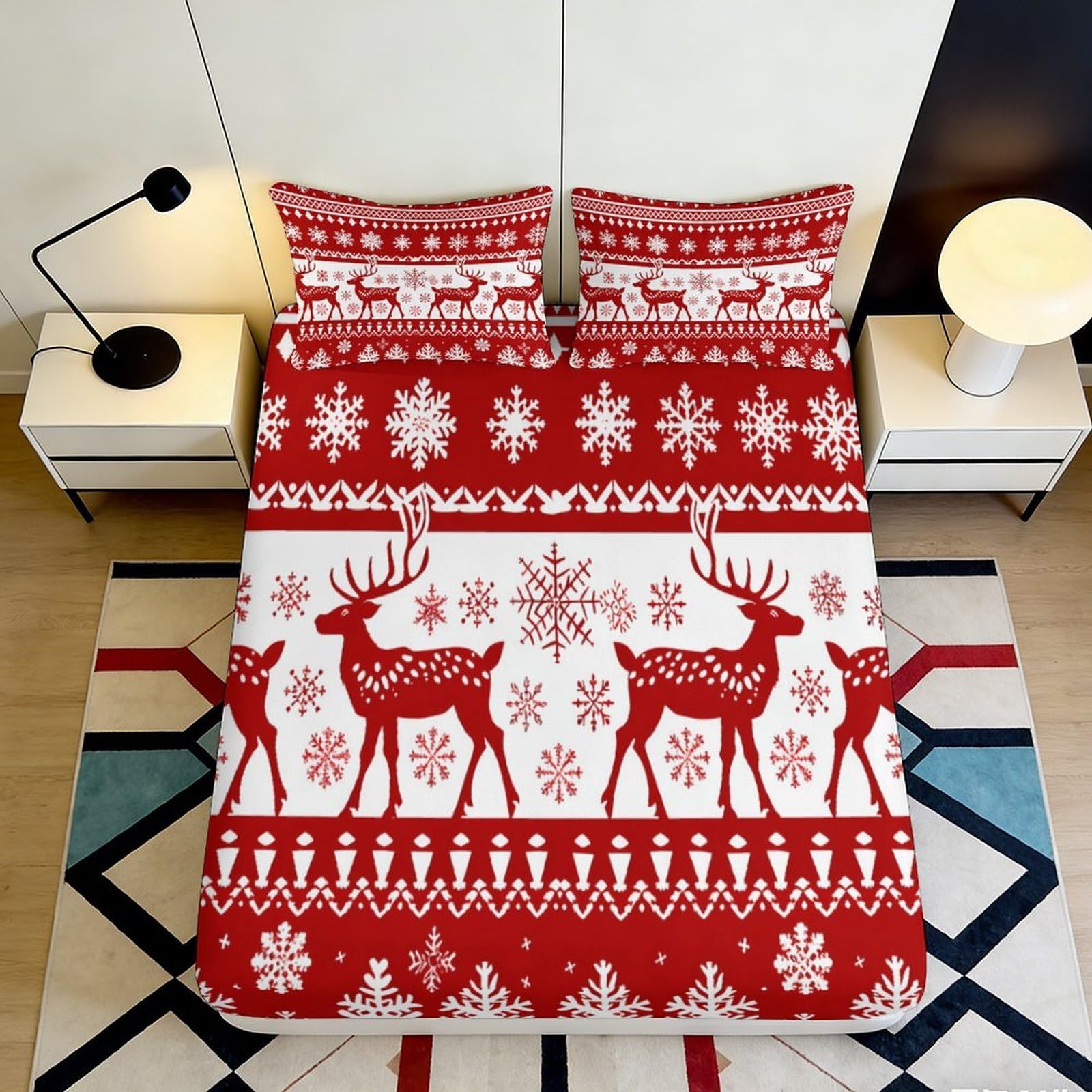 Jqzkxnhpbr Style-7 3D Printed Red Reindeer Snowflake Fitted Sheet Microfiber Soft Anti-Slip Nordic Christmas Bed Cover For Bedroom Guest Room 90X200x25cm