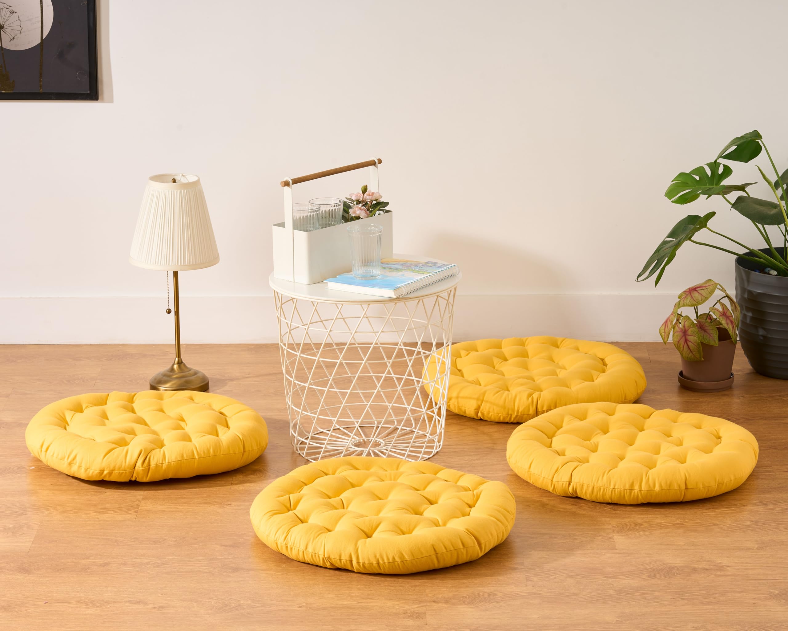 SKANDA FAB Premium Cotton Floor Seating Cushions | Luxurious Comfort & Microfiber Fill 60X60 CM Large Size for Meditation | Floor Cushion | Pooja | Living Room | Pets | Outdoor Mustard (Pack of 4)