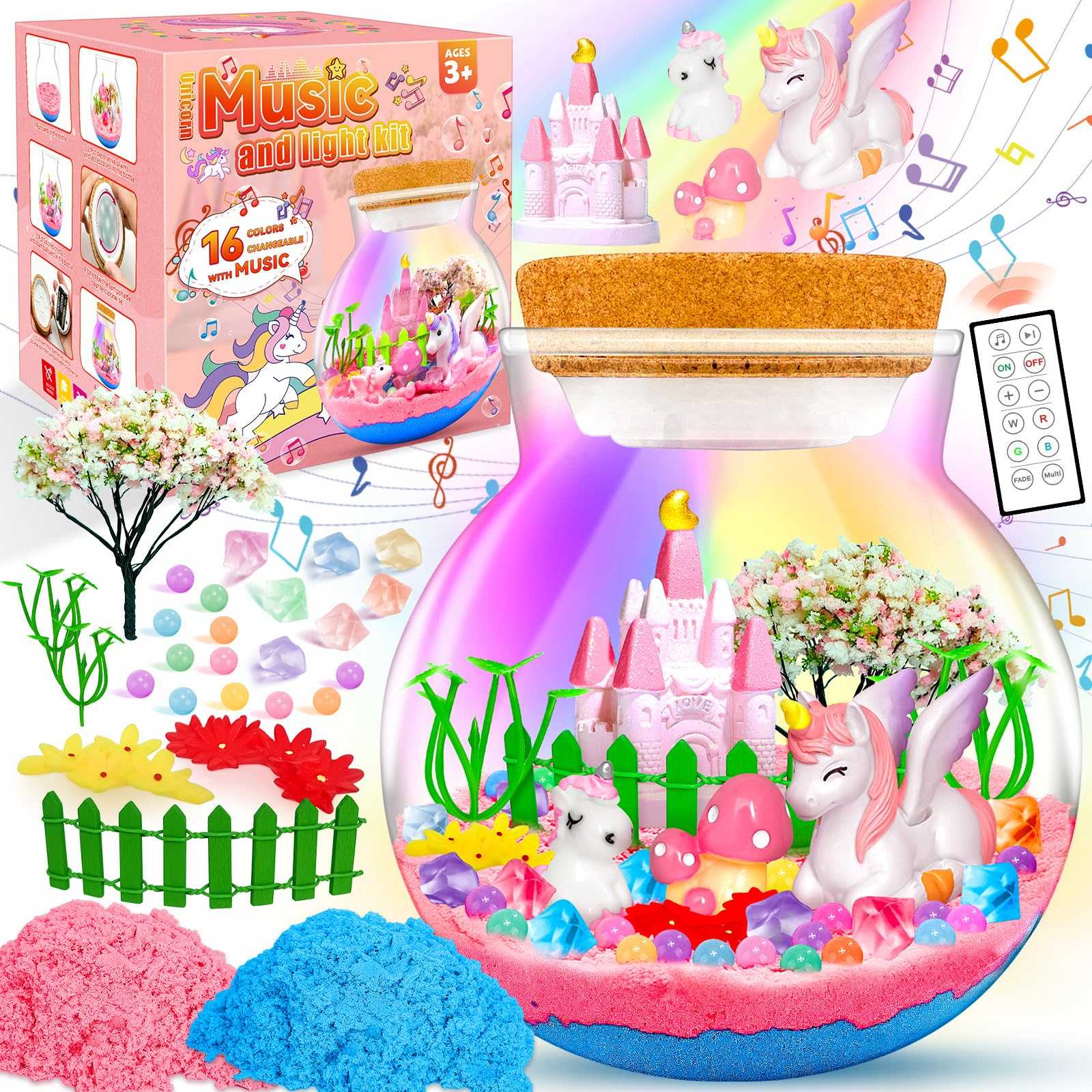 Uni-Corn Toys with Music Boxes, for Girls Ages 4 5 6 7 8 9 10 Years Old, Uni-Corns Terrarium Kit with Music LED Lights Up & Remote Control