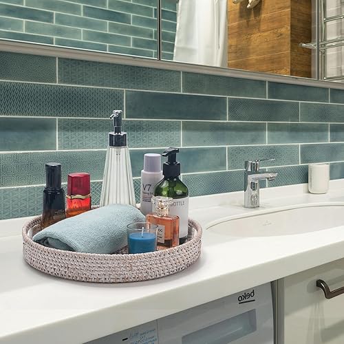 Miniatura 3 de Bandeja redonda de ratán de 11.8 pulgadas, bandeja otomana, bandeja tejida con asas recortadas, cesta de mimbre para servir, cal