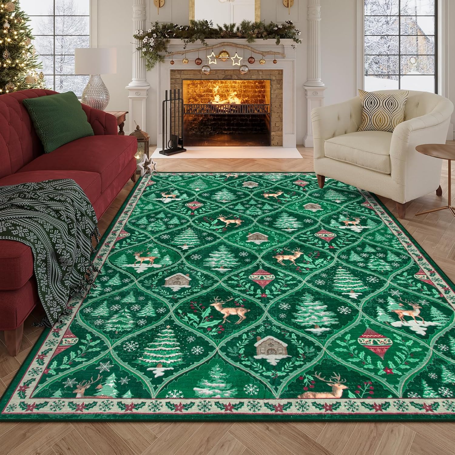 Alfombra navideña con estampado de renos navideños para el dormitorio, grande, lavable, suave, alfombra de Navidad, resistente a la suciedad (color 2, 100 x 150 cm)