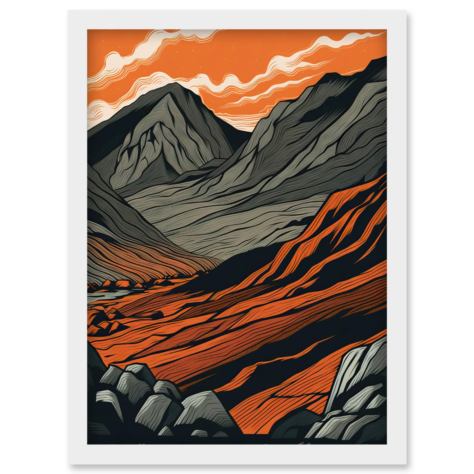 Artery8 Scafell Pike Mountain Landscape in Amber and Grey Artwork Framed Wall Art Print A4