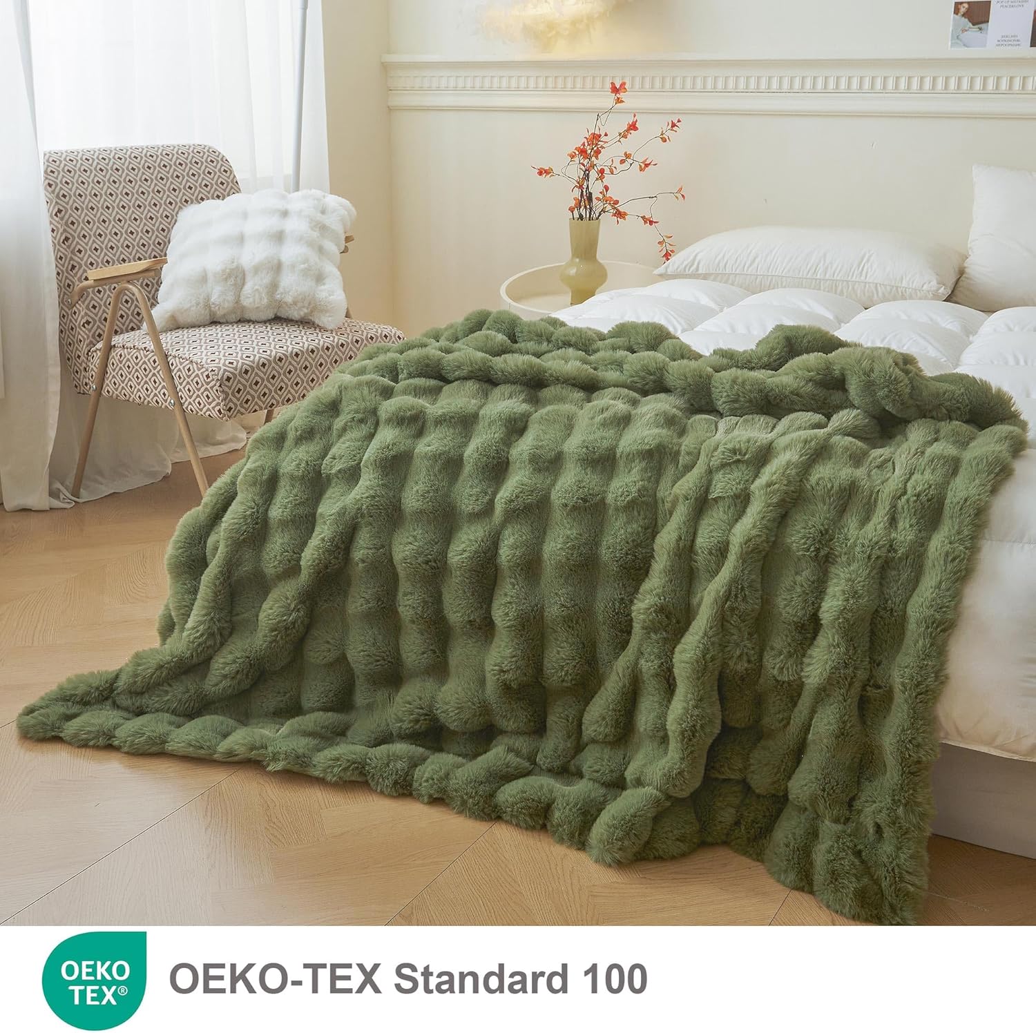 LIFEREVO Fluffy Faux Rabbit Fur Bubble Throw, Plush Shaggy Blanket for Couch Sofa Chair, Soft Cute Moss Furry Blanket Adults Kids Teens Girls, Fuzzy Throw for Bedroom Living Room, 50x60, Sage Green - Image 2