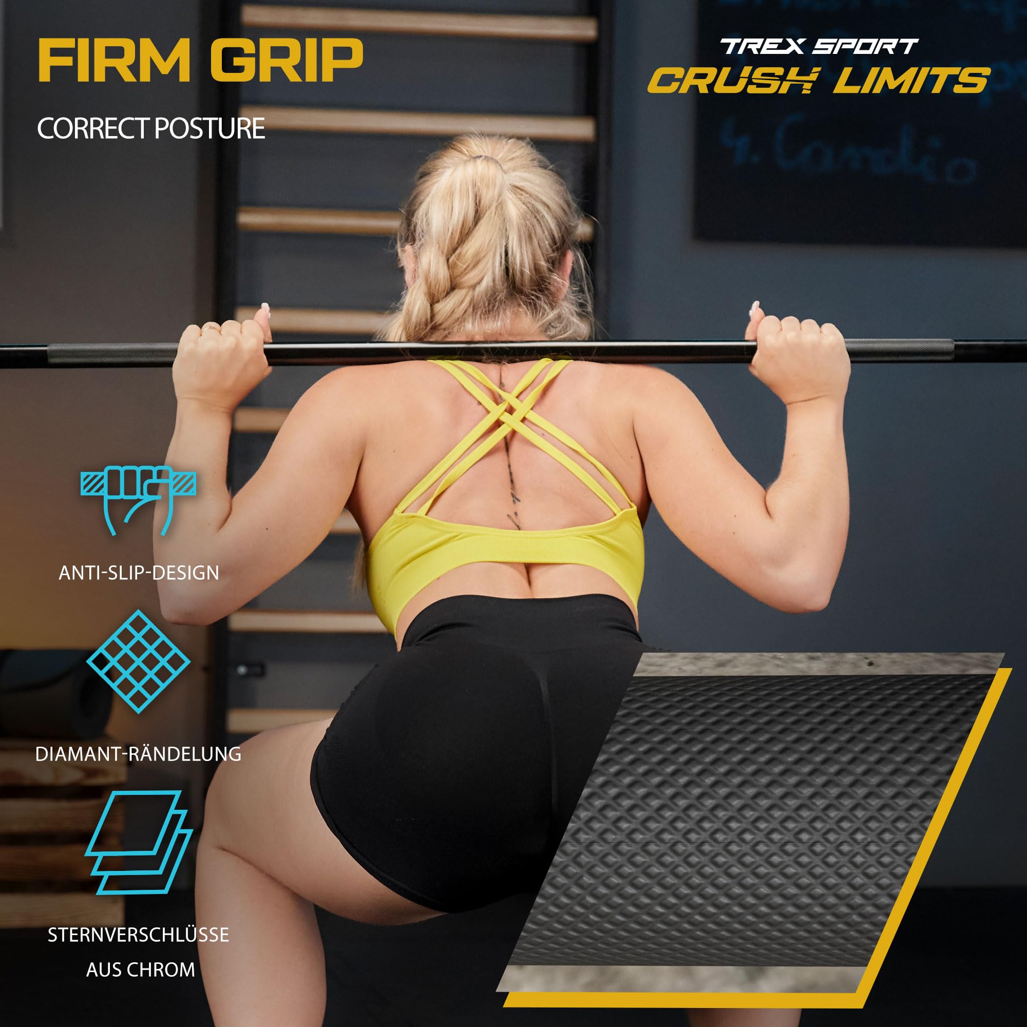 TREX SPORT Langhantelstange 120 cm & 150 cm Hantelstange bis 100 kg 25 mm | Stahl Hantelstange für Krafttraining, Rutschfeste Griffe, Sternverschlüsse