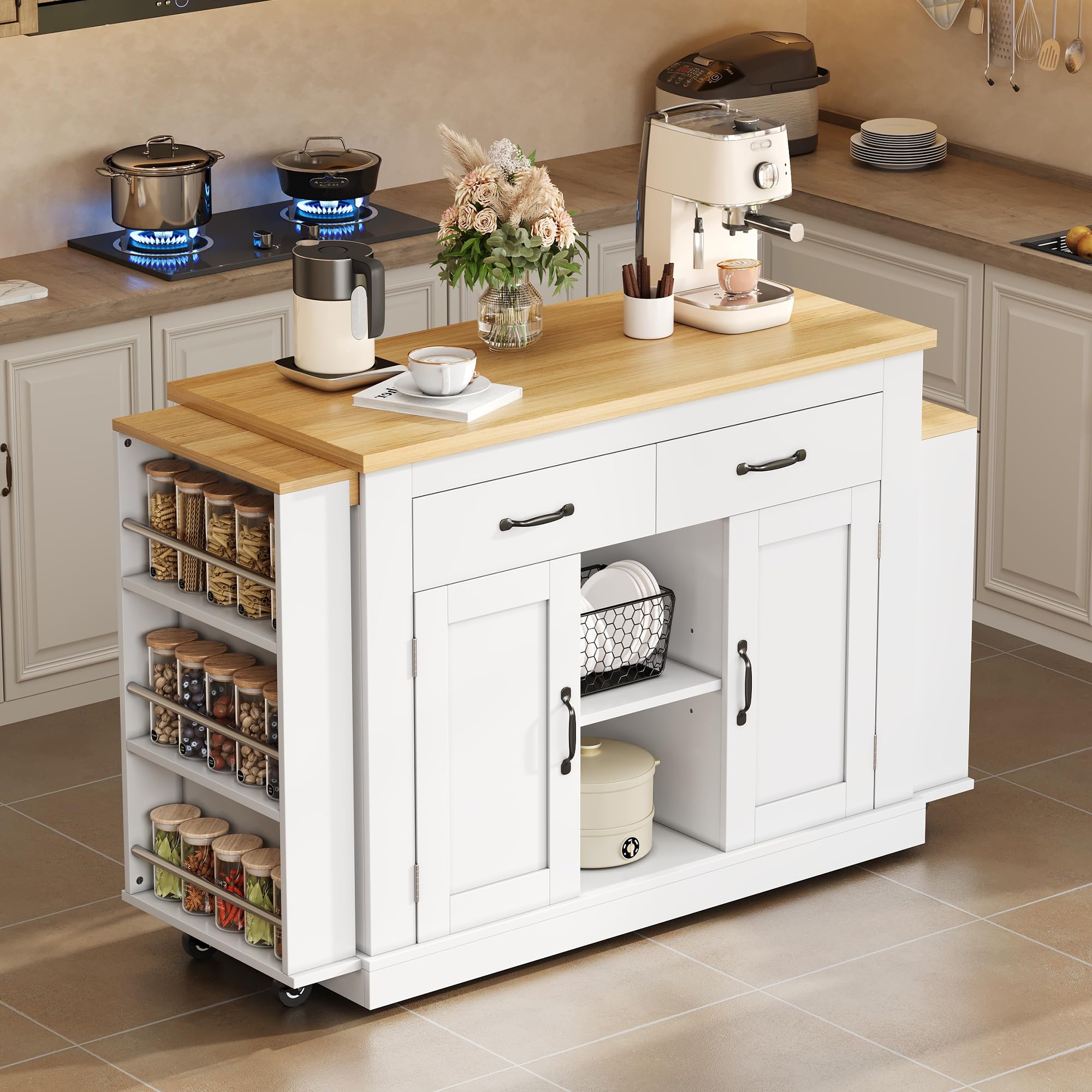 Isola da cucina con due piani di lavoro estensibili, elegante isola mobile, ripiani regolabili, 142 (massimo 340 cm) x 55 x 93 cm, adatta per cucina, sala da pranzo, soggiorno, ecc., bianco