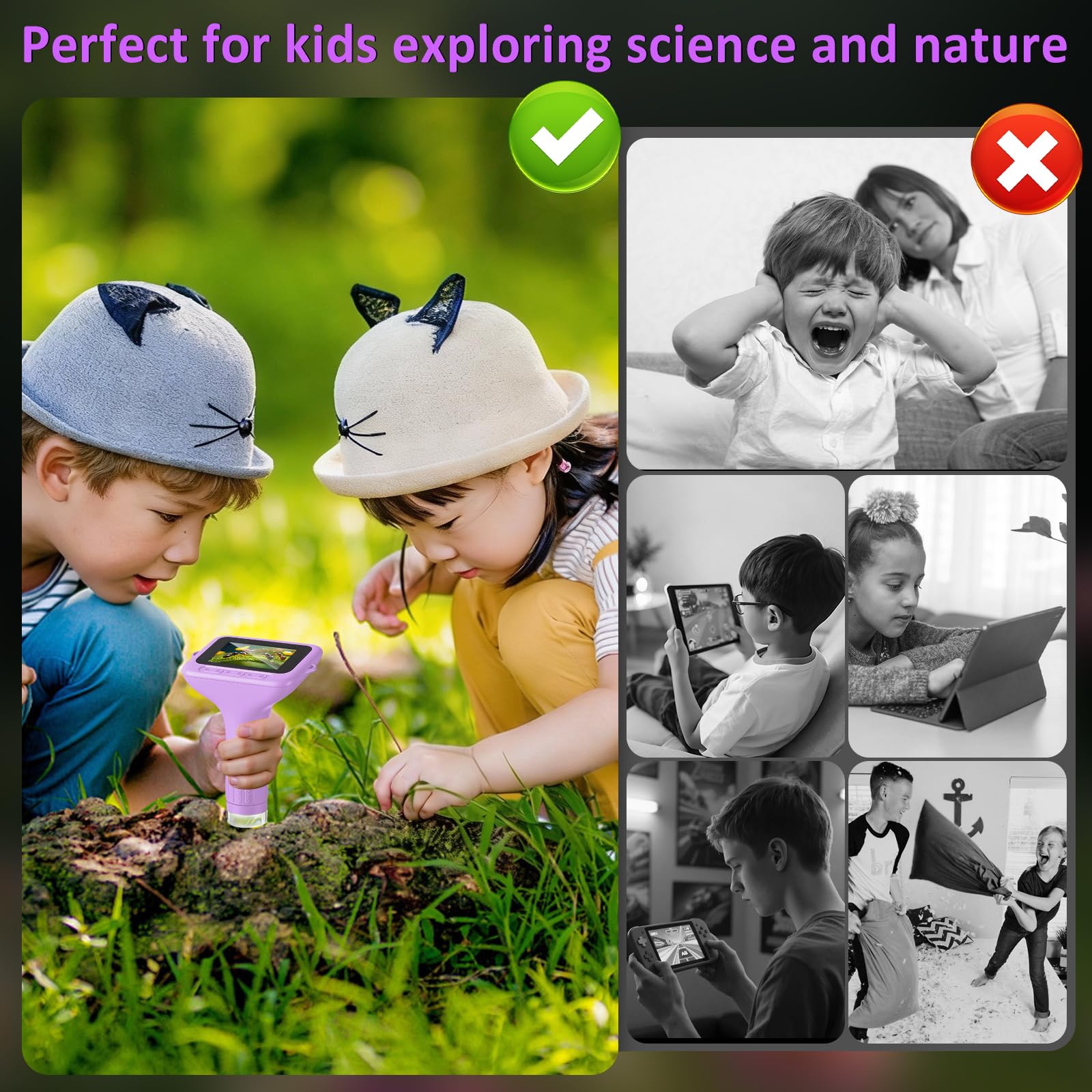 Microscopio per bambini: microscopio digitale con schermo IPS da 3", ingrandimento 1000x, microscopio portatile 1080P con 8 LED e 32 MB di memoria, microscopio tascabile USB per PC/Mac