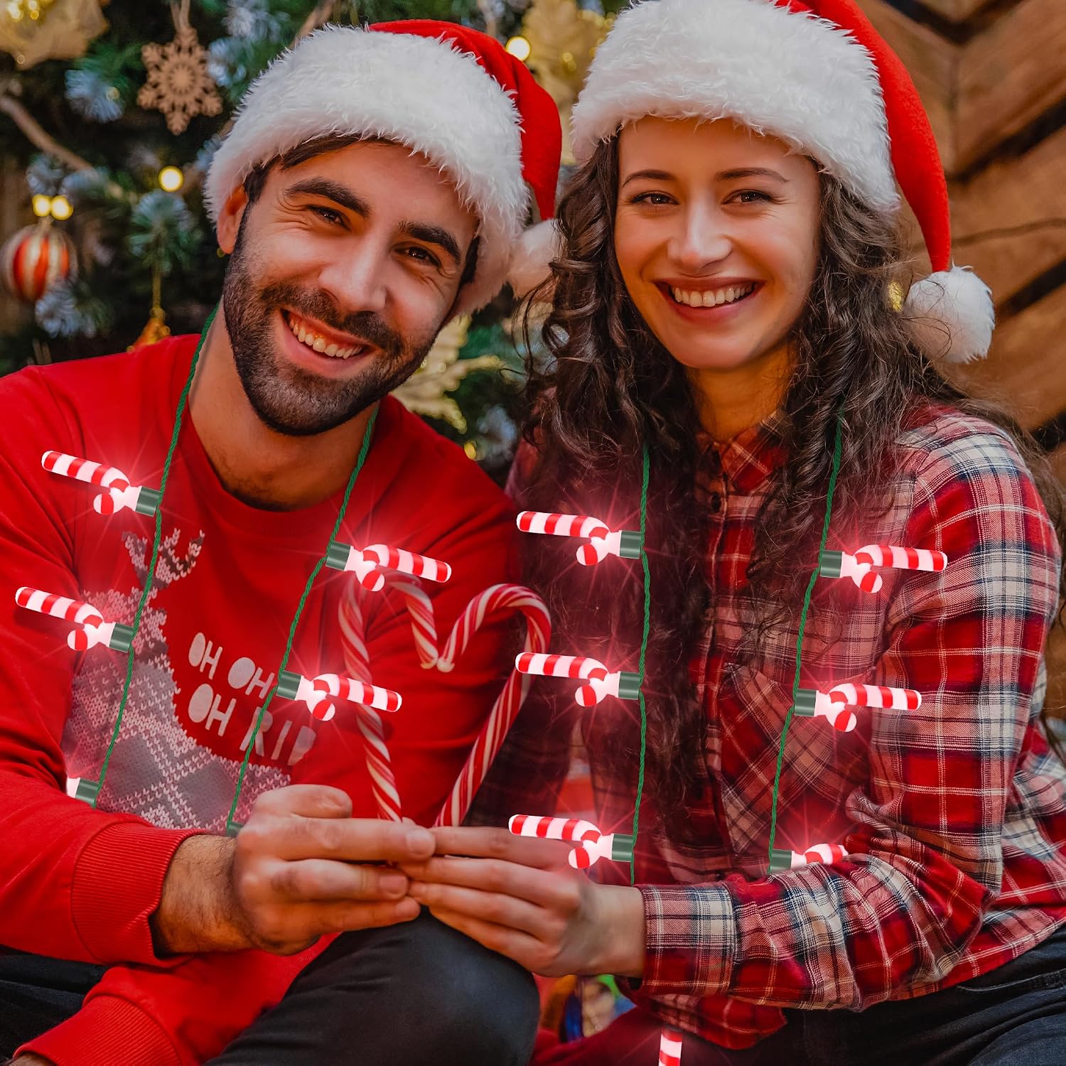 4PCS Light up Christmas Necklace, Christmas Necklace with Glow Candy Cane Accessories, 3D Light Xmas Necklaces with 7 Candy Cane Pendent, 3 Modes Xmas Necklaces Decor for Ugly Sweater Family Party