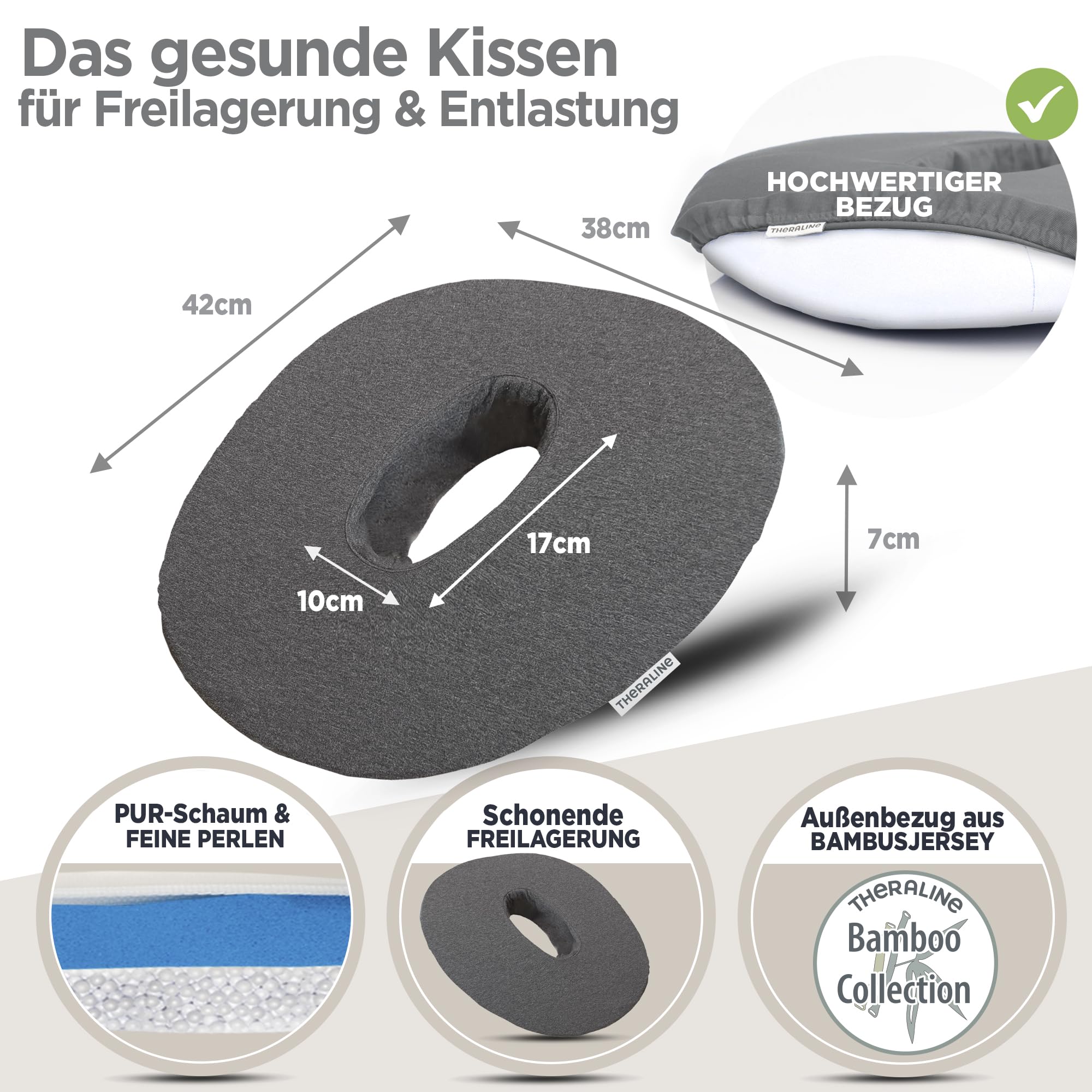 Theraline Ergonomischer Sitzring zur Steißbein Entlastung, Sitzring nach OP, Geburt oder als Hämorrhoiden Sitzkissen, orthopädisches Donut Kissen (Anthrazit Melange) | Entlastendes Ringkissen zum Sitzen & Liegen - OekoTex geprüftes Donut Kissen mit Loch &