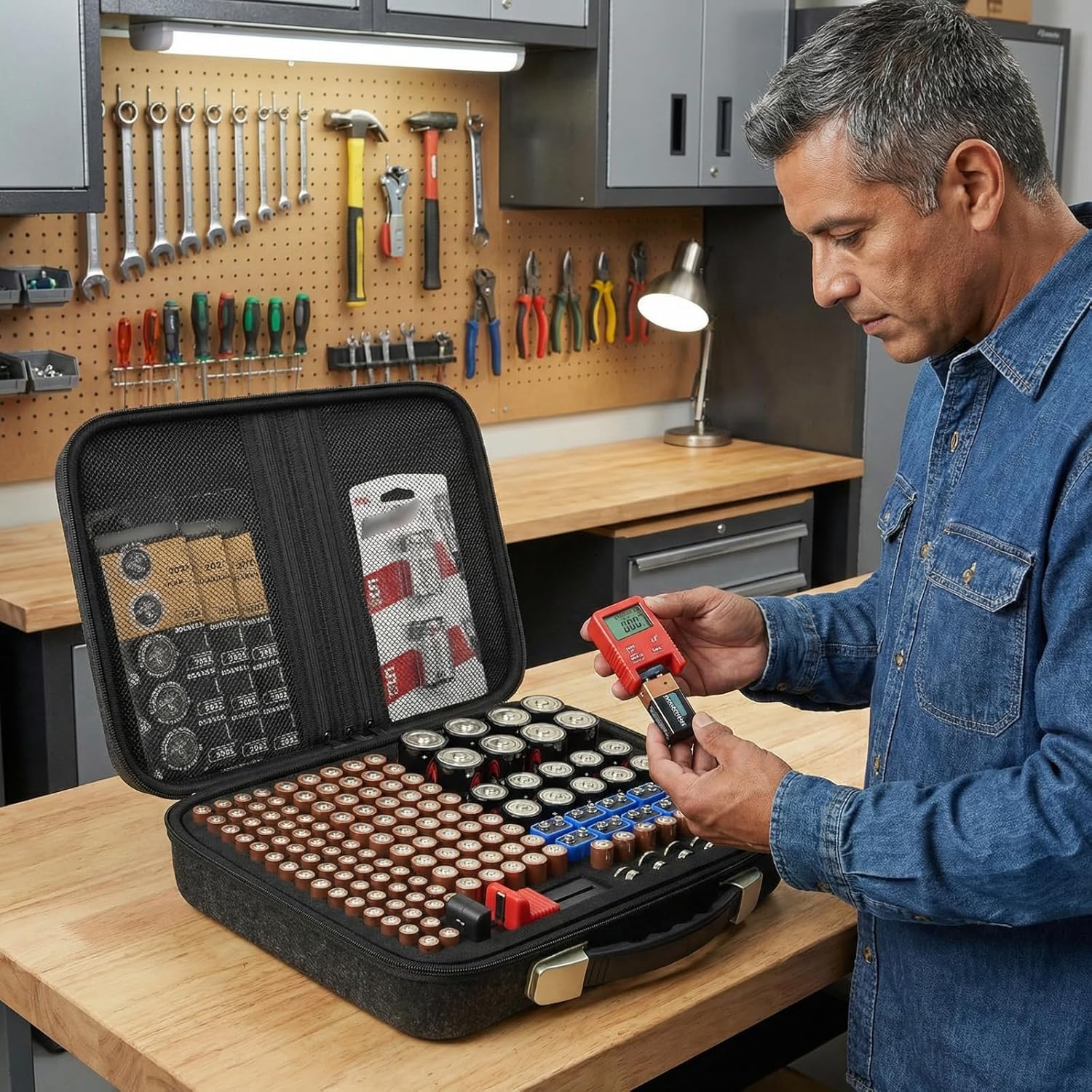 Battery Organizer Storage Case Compatible with 200+ Batteries (AA AAA C D 9V Button), Portable Felt Battery Organizer with Tester & 3 Mesh Pockets, Water-Resistant Box for Drawer & Garage, Case Only