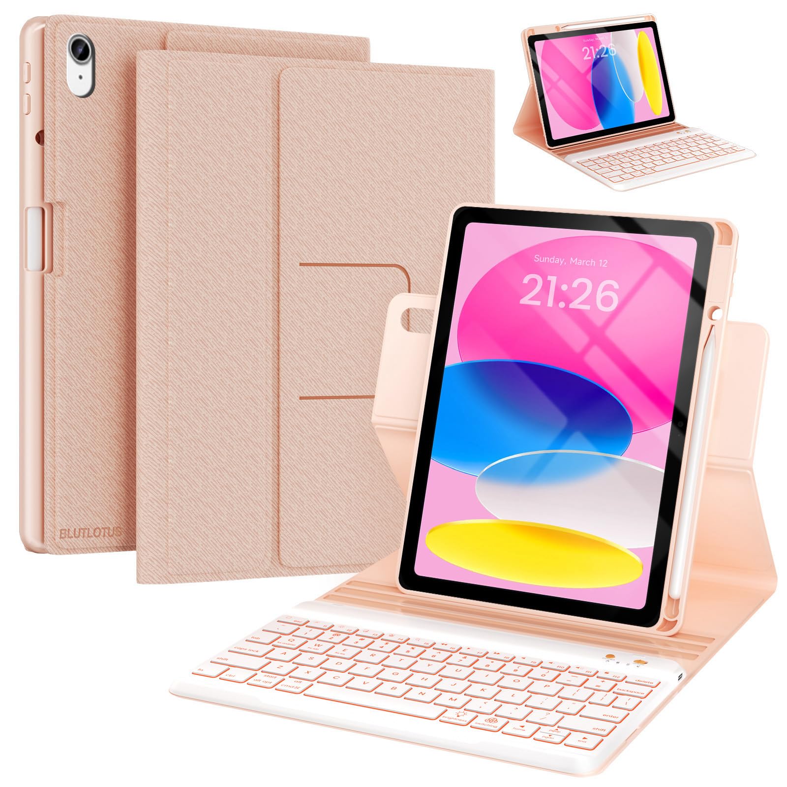 BLUTLOTUS Keyboard Case for iPad 10th Generation 2022 10.9 inch,360° Rotatable Keyboard Case with Pencil Holder, 7 Color Backlit Detachable Bluetooth