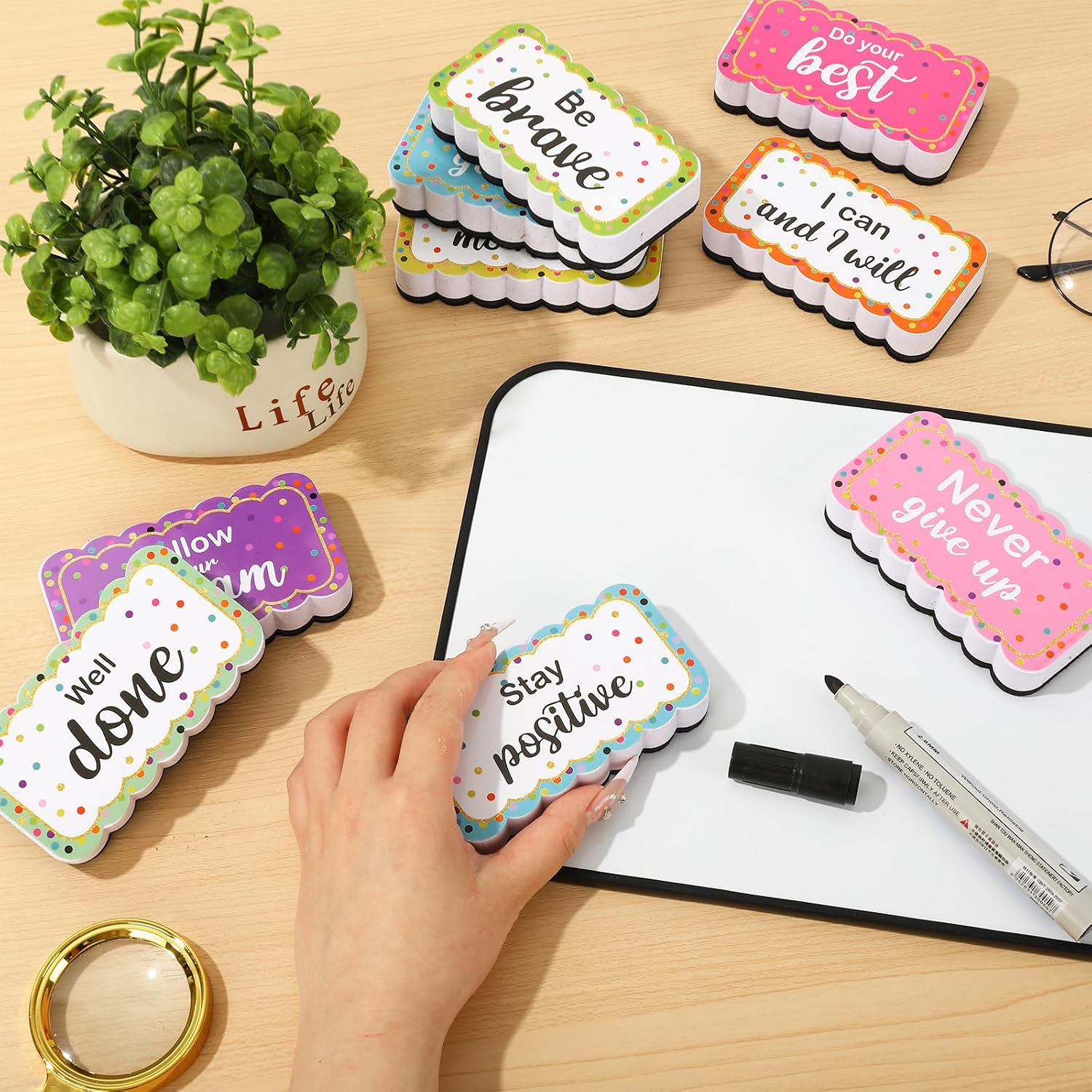 JarThenaAMCS 9Pcs Inspirational Magnetic Dry Erasers Colorful Confetti Small Dry Erase Erasers Magnetic Whiteboard Eraser for Home Back to School Classroom, 4 x 2.2 Inch