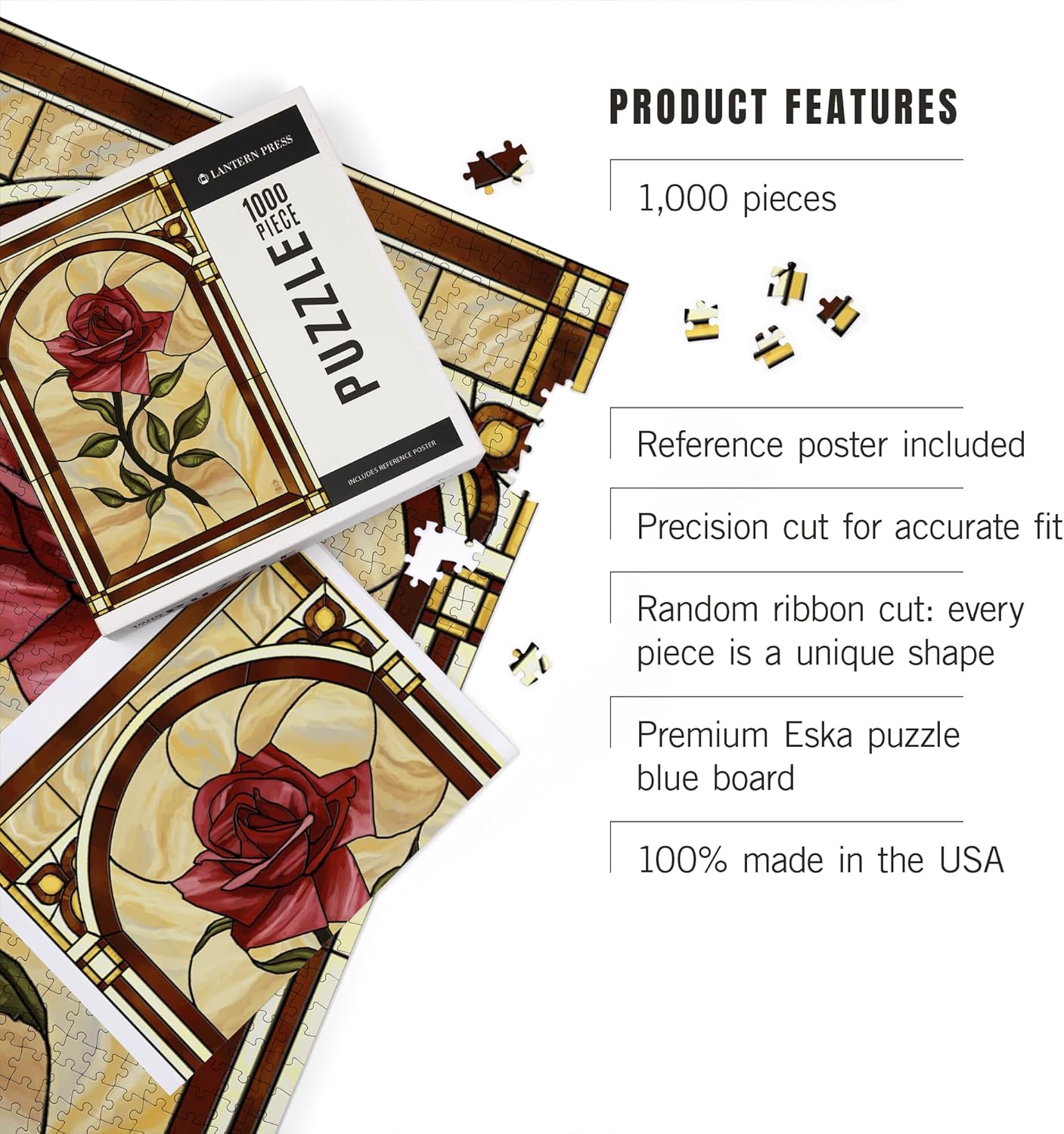 Rose Stained Glass (1000 Piece Puzzle, Challenging Jigsaw Puzzle for Adults, Made in USA)
