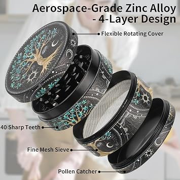 Large Grinder 63mm 4 Layers Zinc Alloy Spice Crusher with 40 Grinding Teeth | Metal Grinder Full Colour Painting Tree Design, Pollen Grinders with Scraper, Plastic Brush and Storage Bag